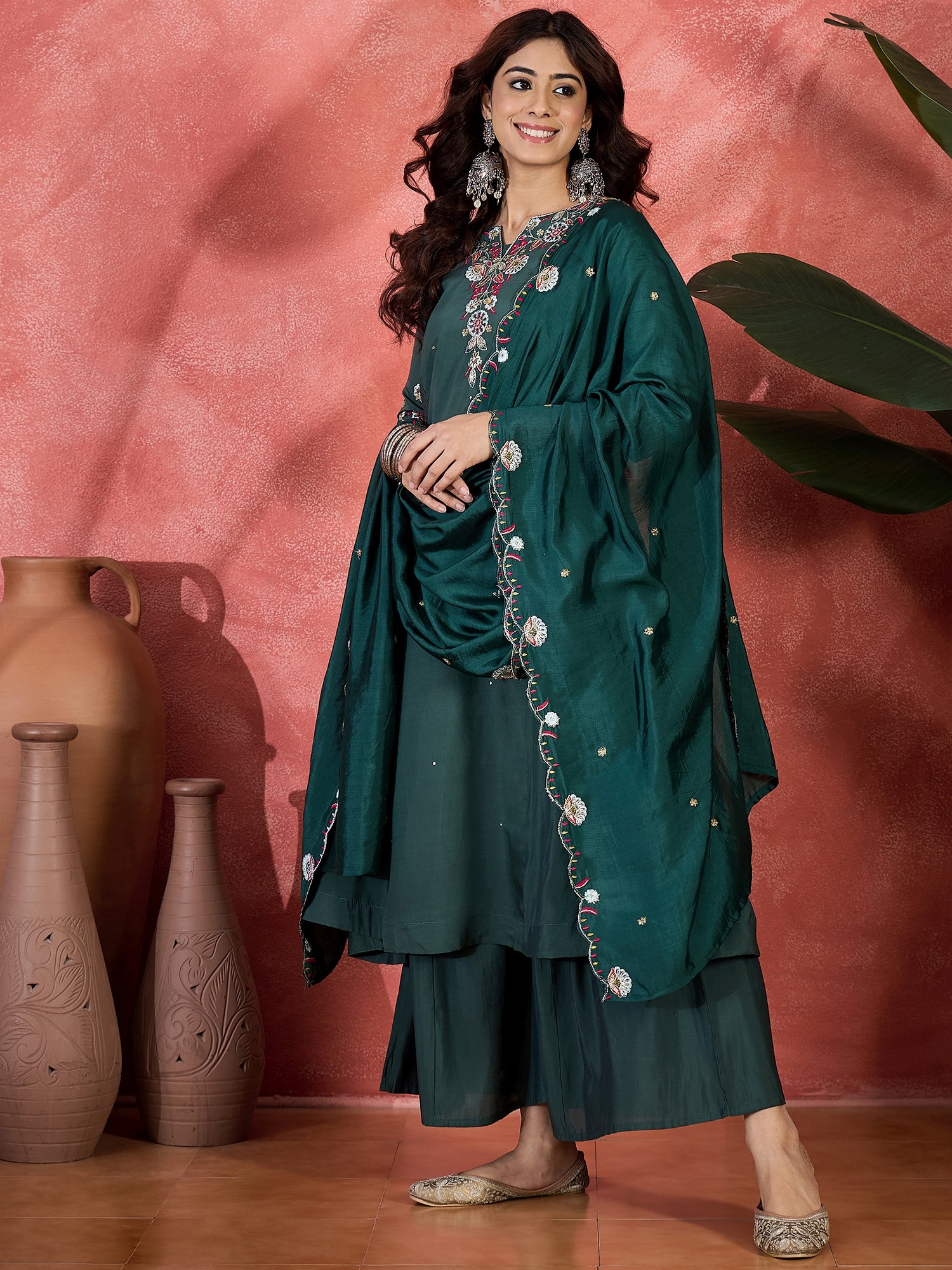Women Embroidered Anarkali Kurta With Palazzo & Dupatta