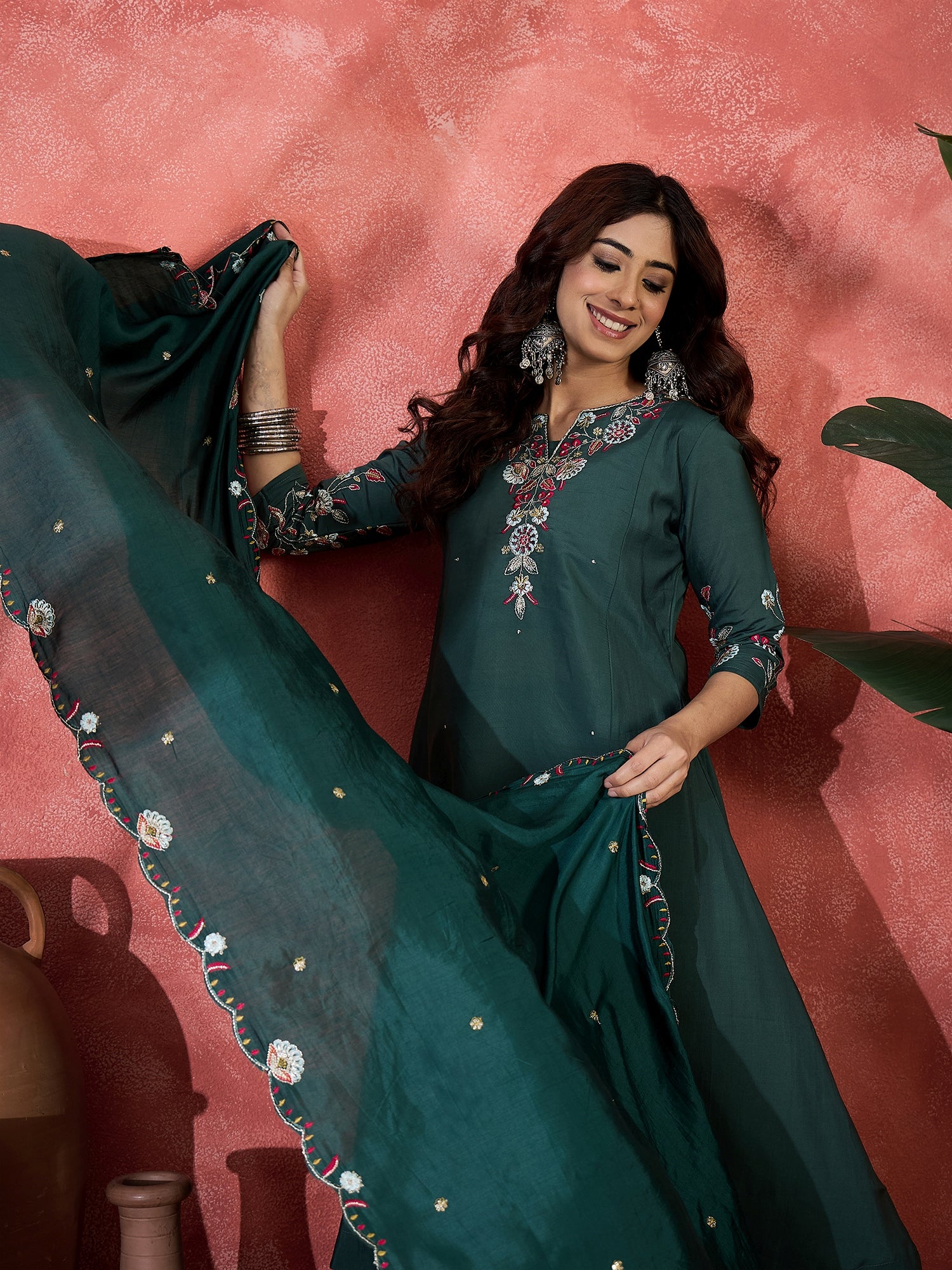 Women Embroidered Anarkali Kurta With Palazzo & Dupatta