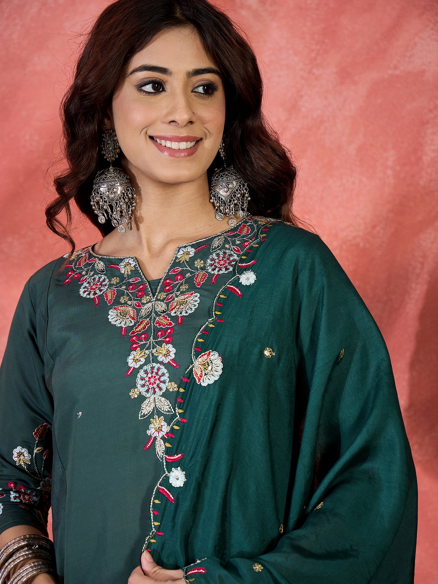 Women Embroidered Anarkali Kurta With Palazzo & Dupatta
