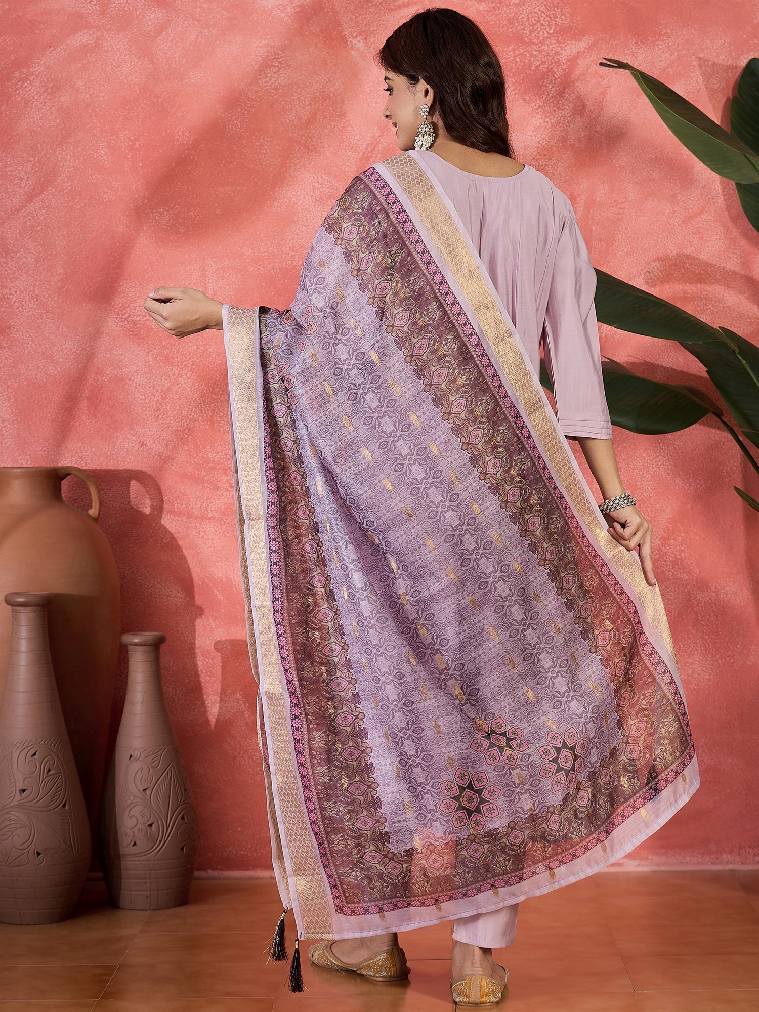 Women V-Neck Printed & Embroidered Anarkali Kurta & Trousers With Dupatta