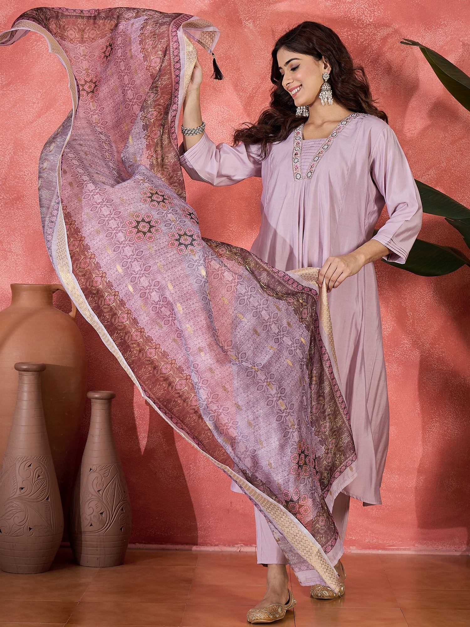 Women V-Neck Printed & Embroidered Anarkali Kurta & Trousers With Dupatta
