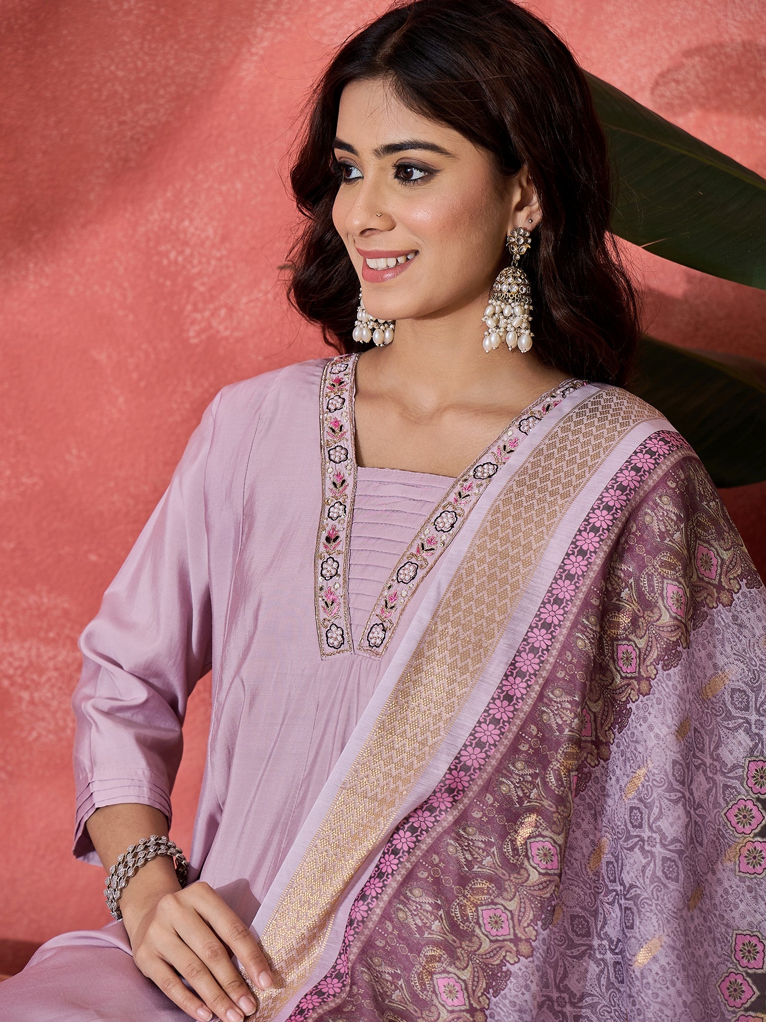 Women V-Neck Printed & Embroidered Anarkali Kurta & Trousers With Dupatta