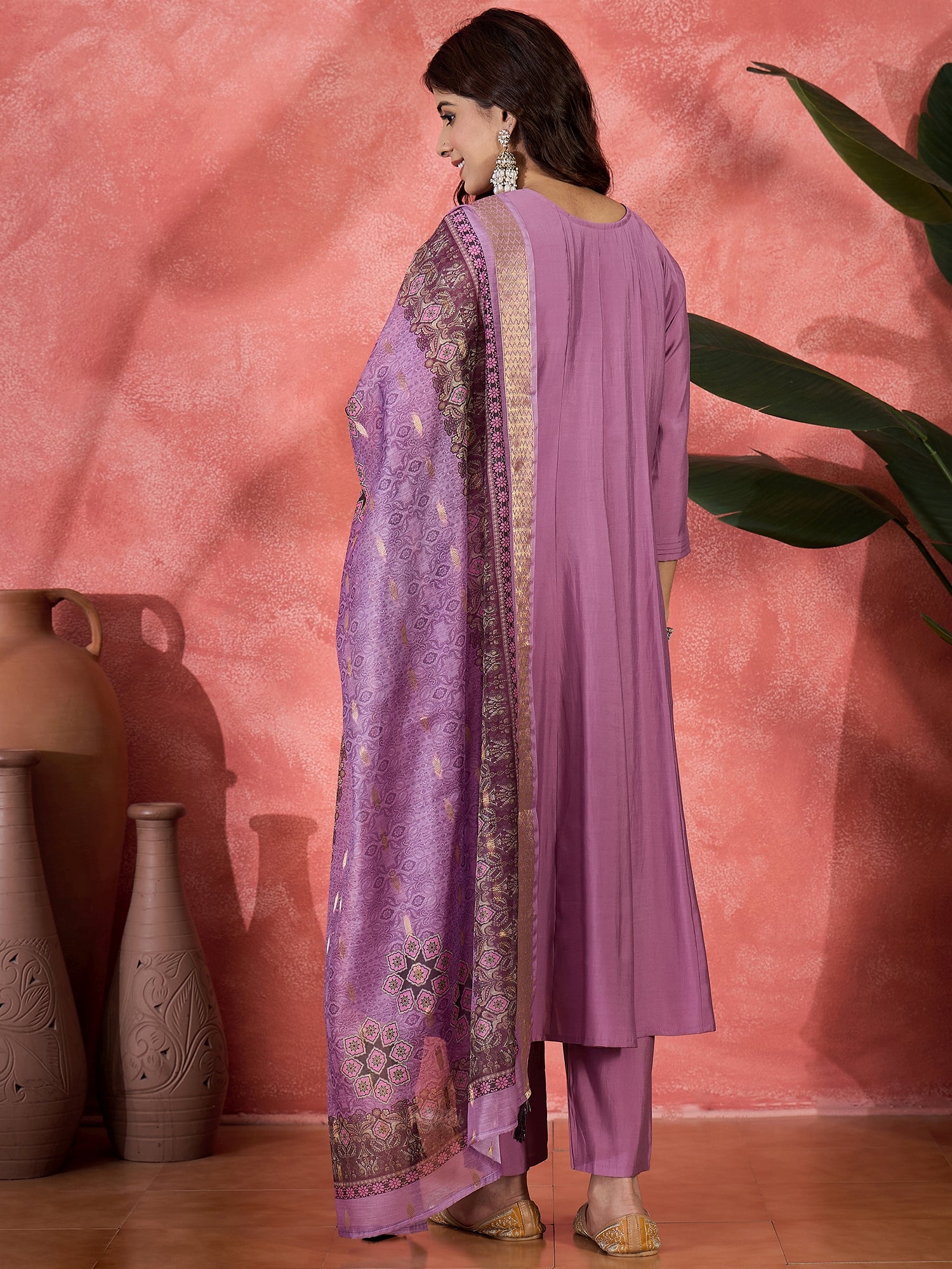 Women V-Neck Printed & Embroidered Anarkali Kurta & Trousers With Dupatta