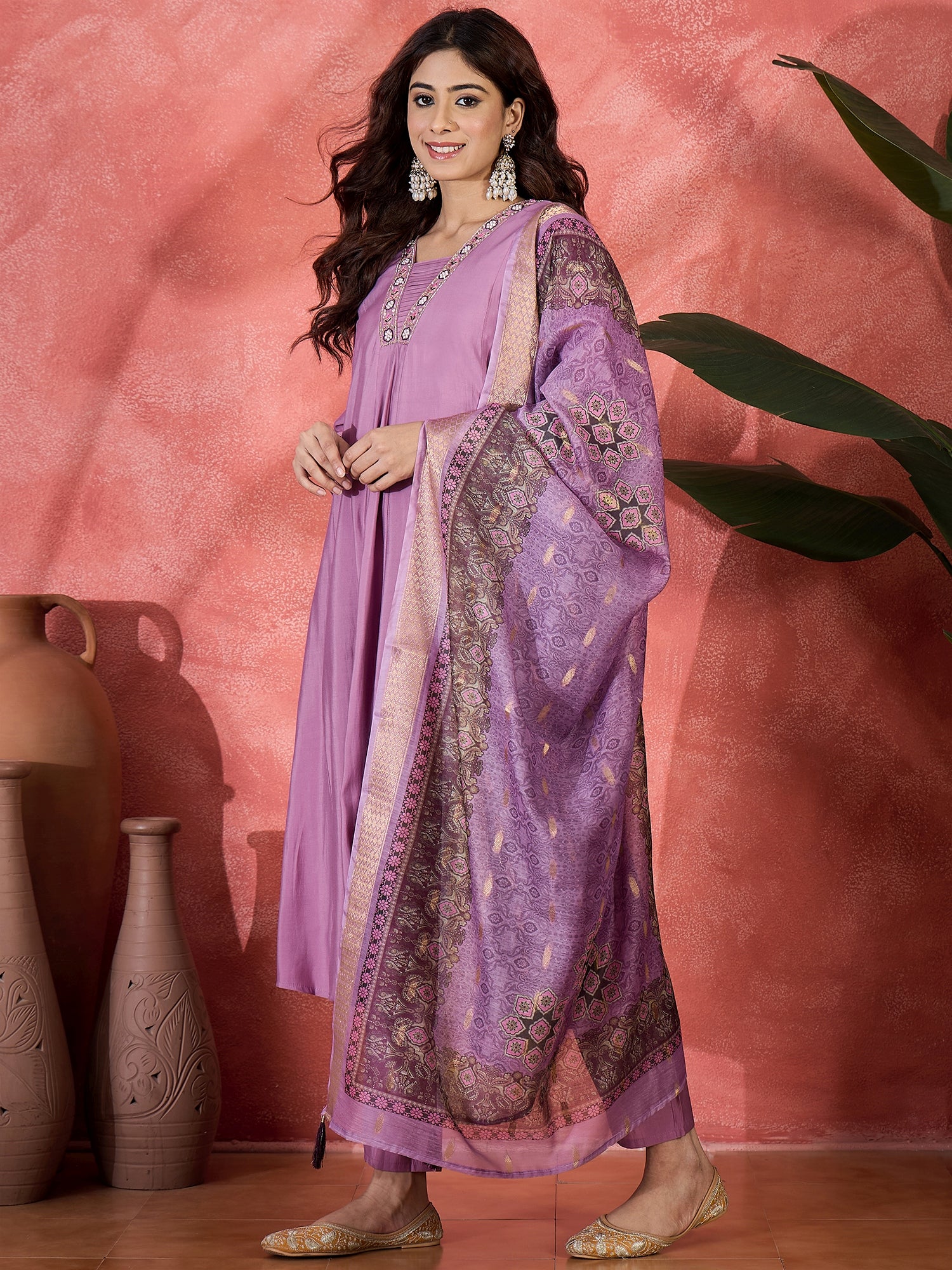 Women V-Neck Printed & Embroidered Anarkali Kurta & Trousers With Dupatta