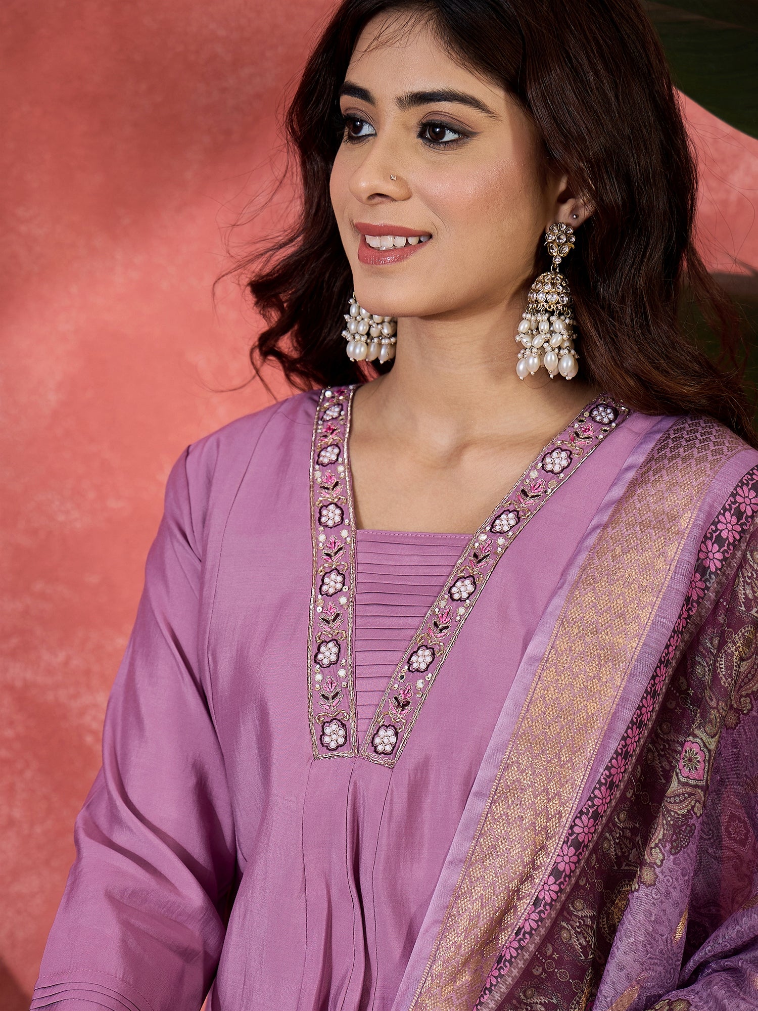 Women V-Neck Printed & Embroidered Anarkali Kurta & Trousers With Dupatta