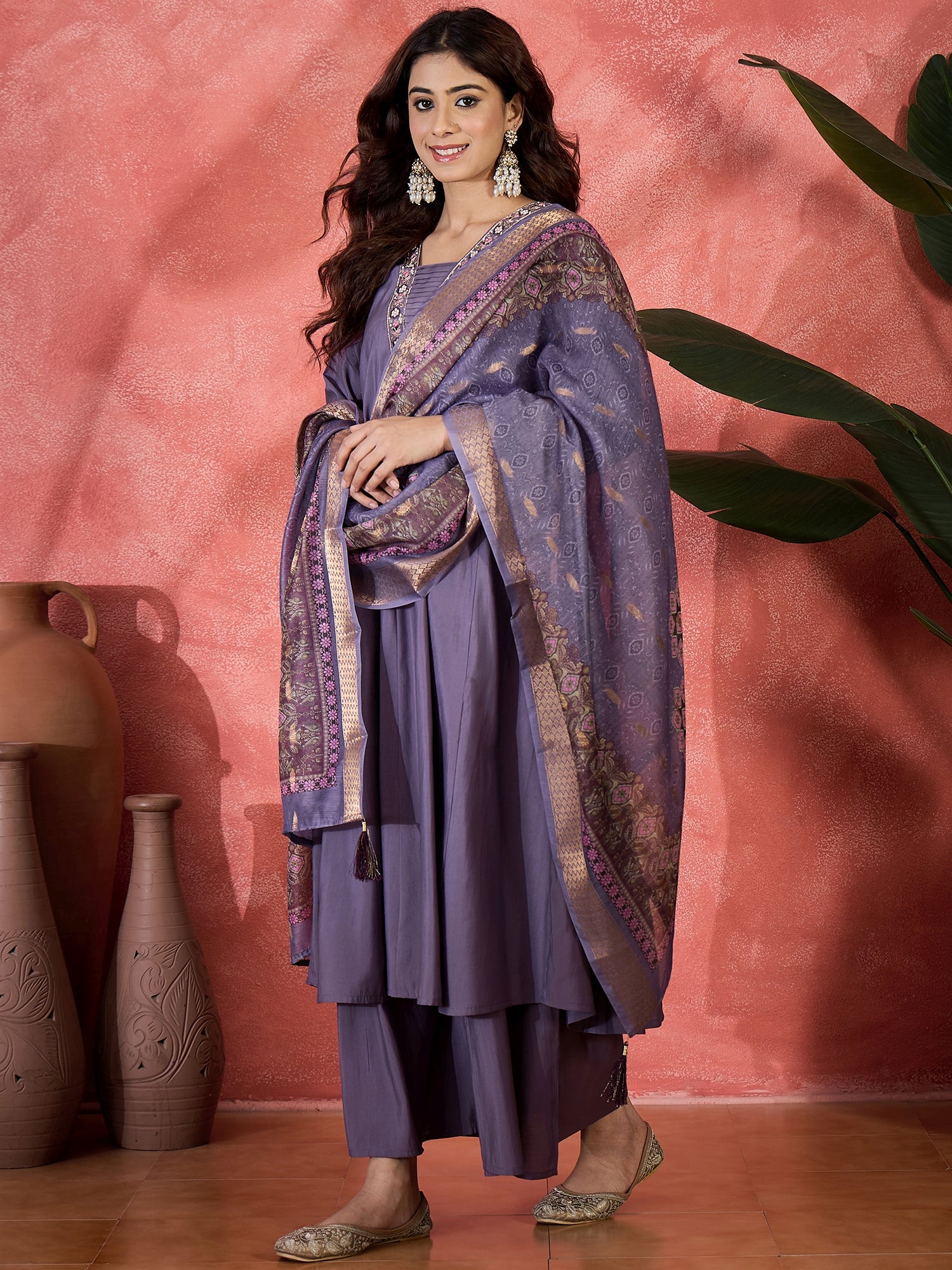 Women Block Printed & Embroidered Anarkali Kurta Set