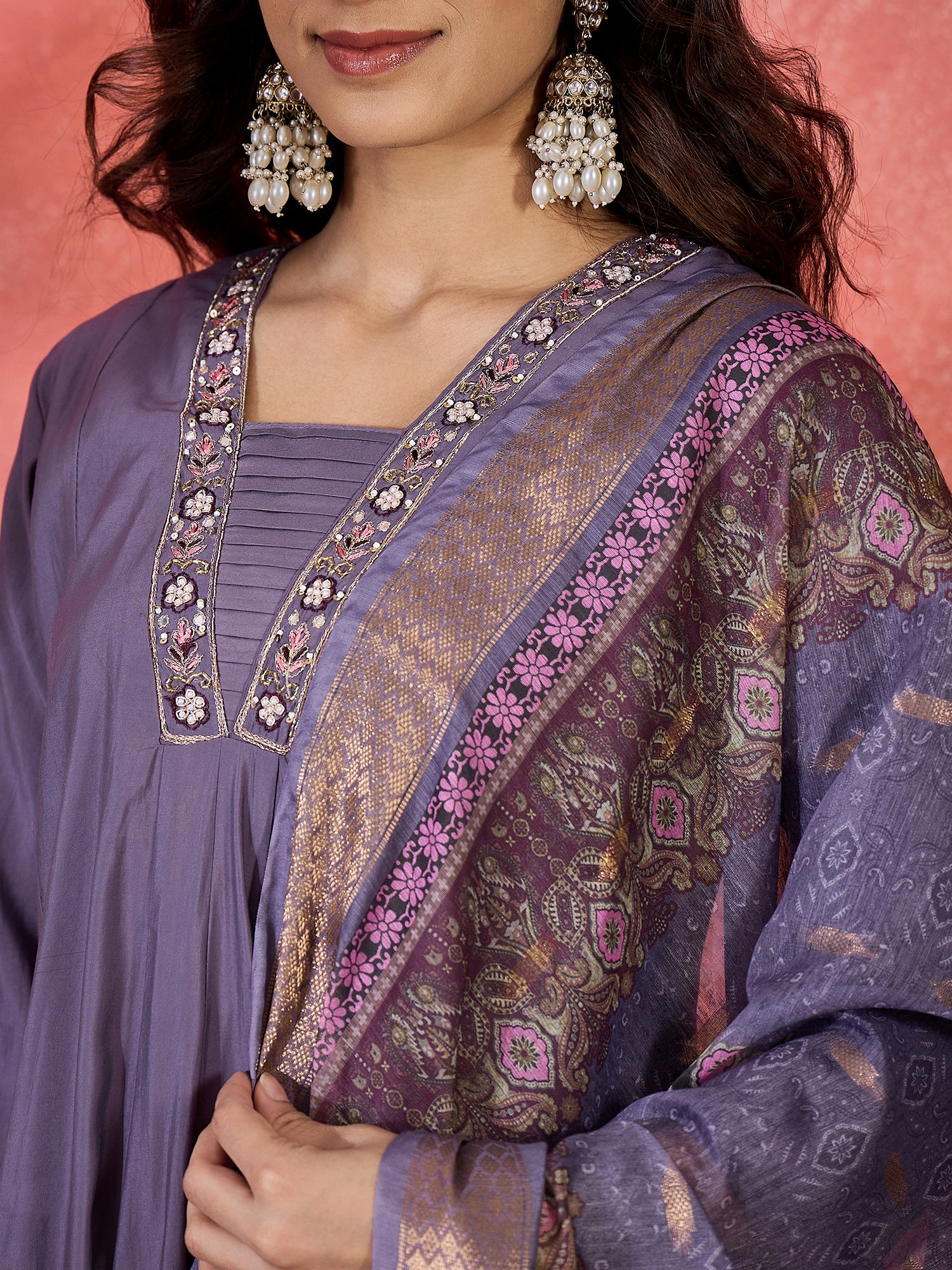 Women Block Printed & Embroidered Anarkali Kurta Set