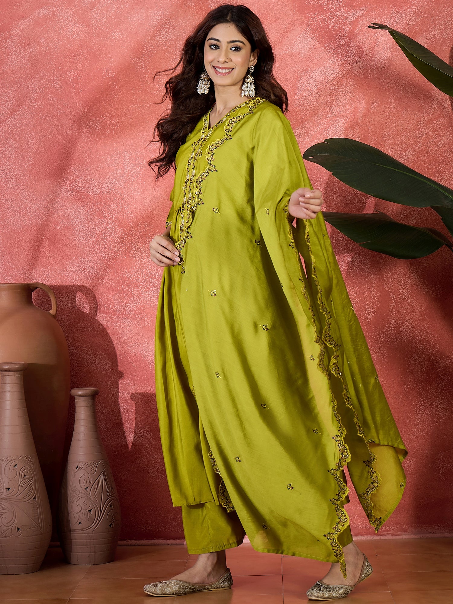 Embroidered Kurta With Palazzos & Dupatta