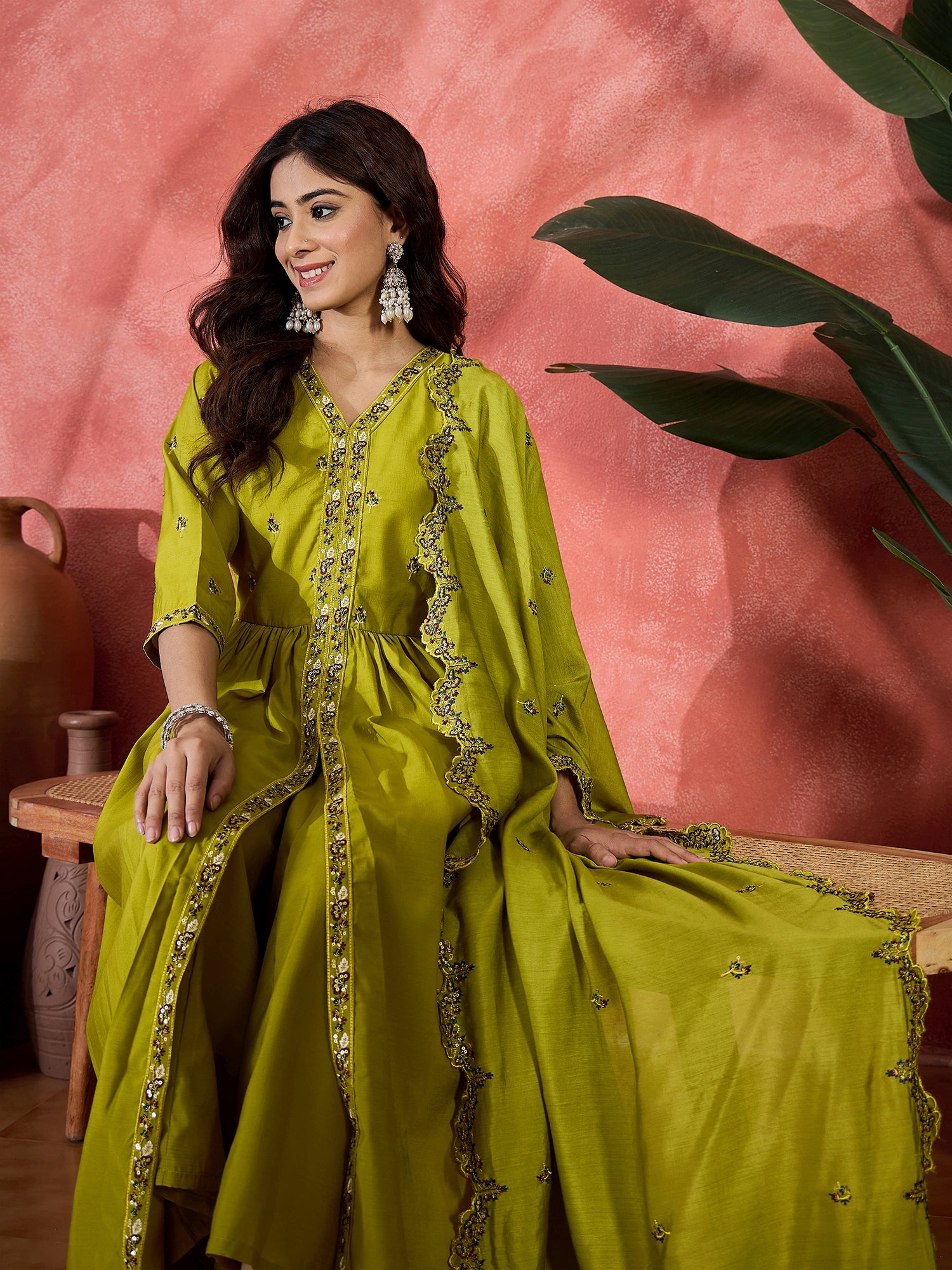Embroidered Kurta With Palazzos & Dupatta
