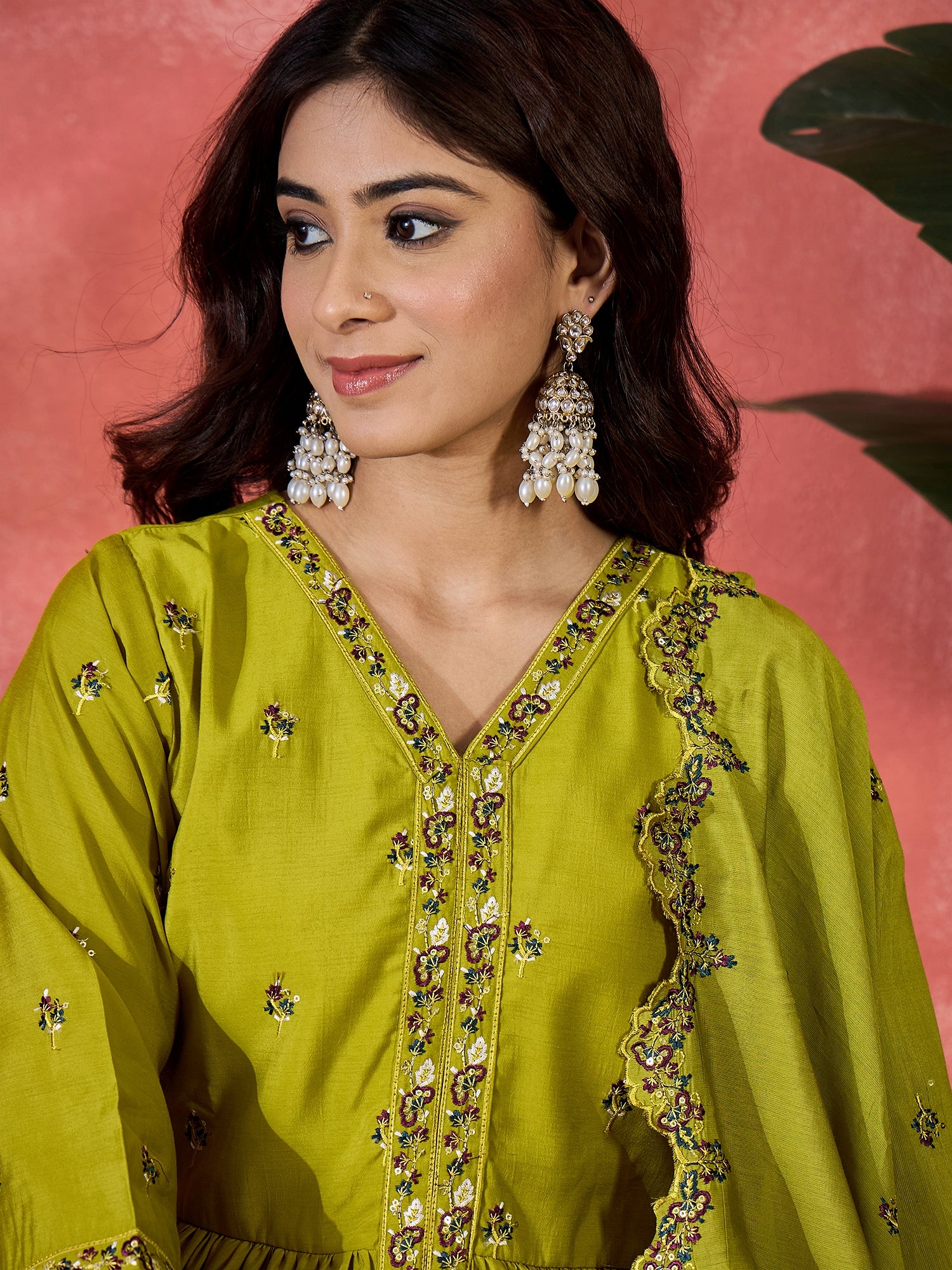 Embroidered Kurta With Palazzos & Dupatta