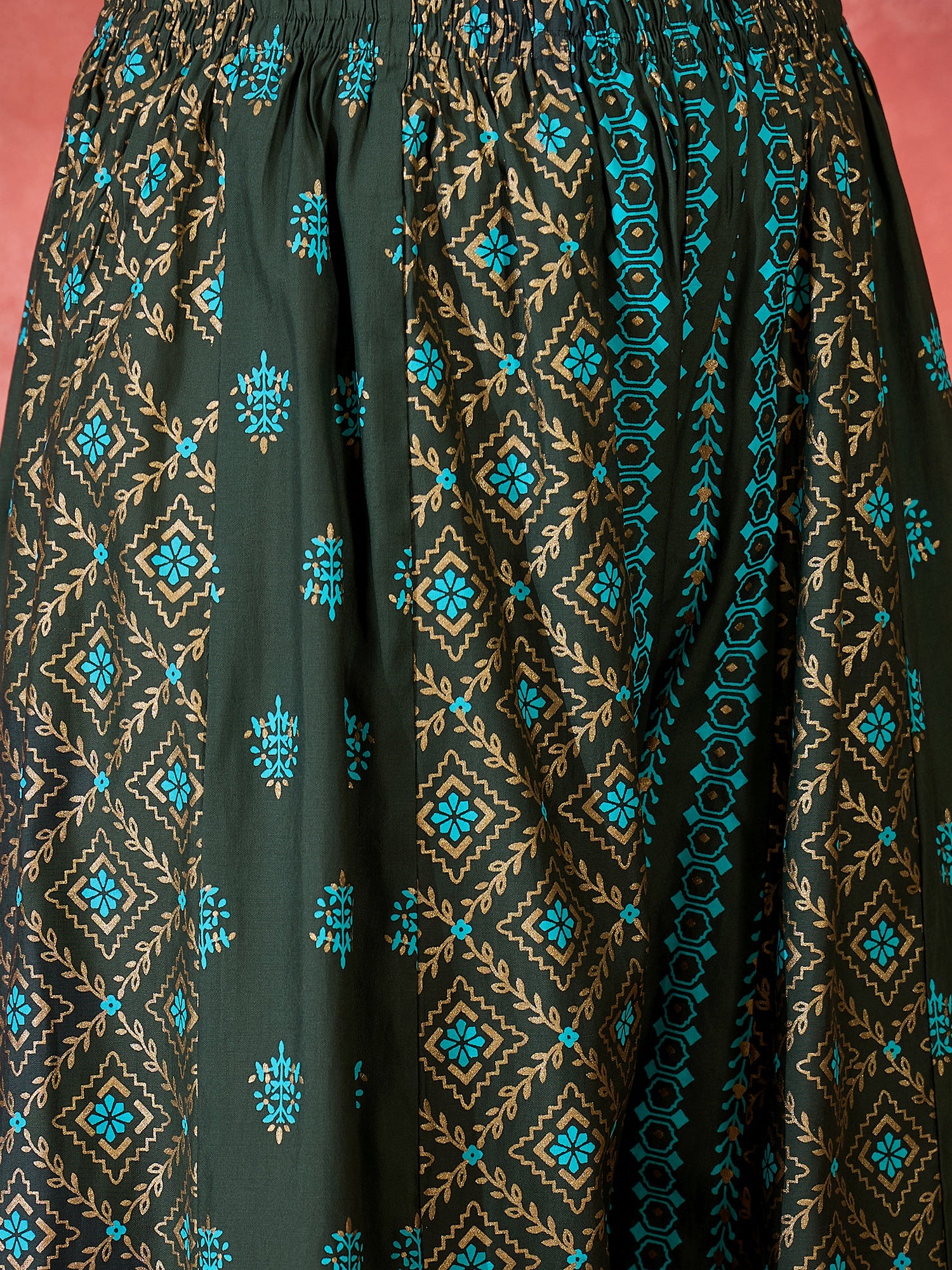 Embroidered & Block Printed Anarkali Kurta & Palazzo With Dupatta