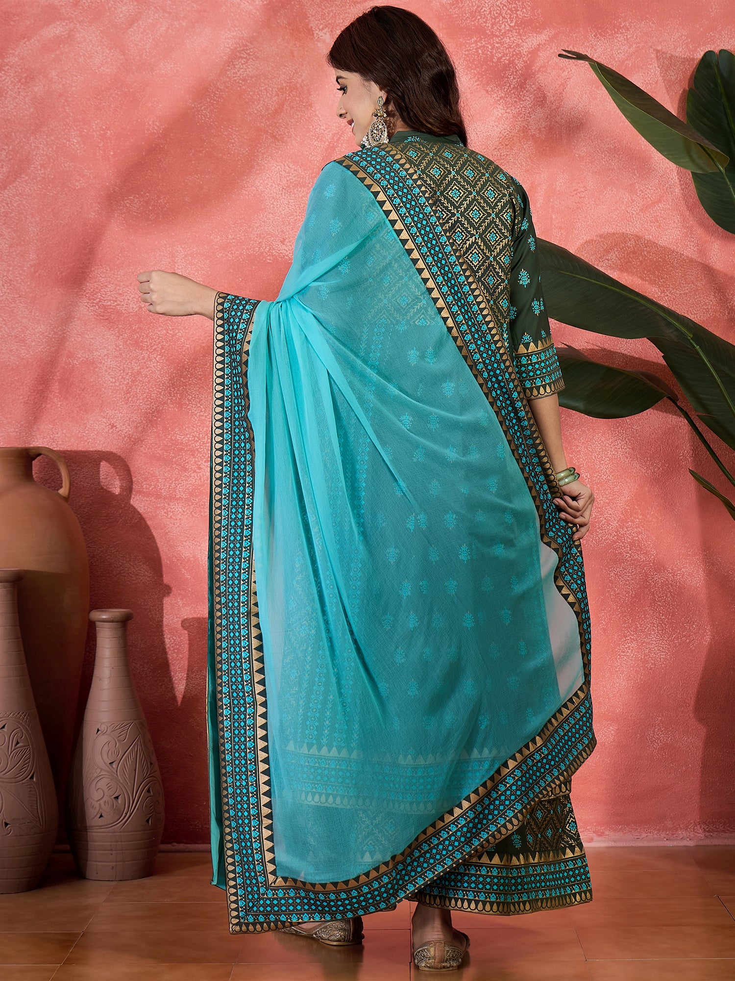 Embroidered & Block Printed Anarkali Kurta & Palazzo With Dupatta