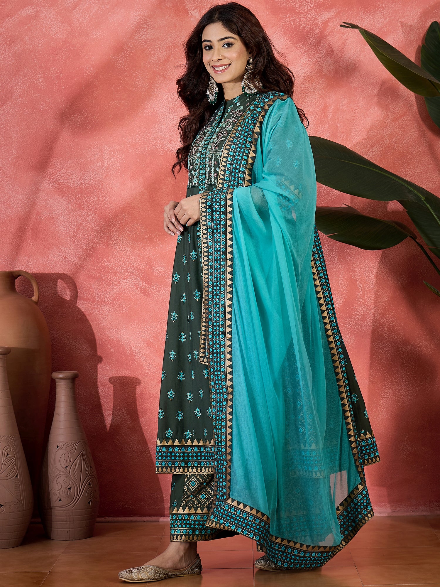 Embroidered & Block Printed Anarkali Kurta & Palazzo With Dupatta