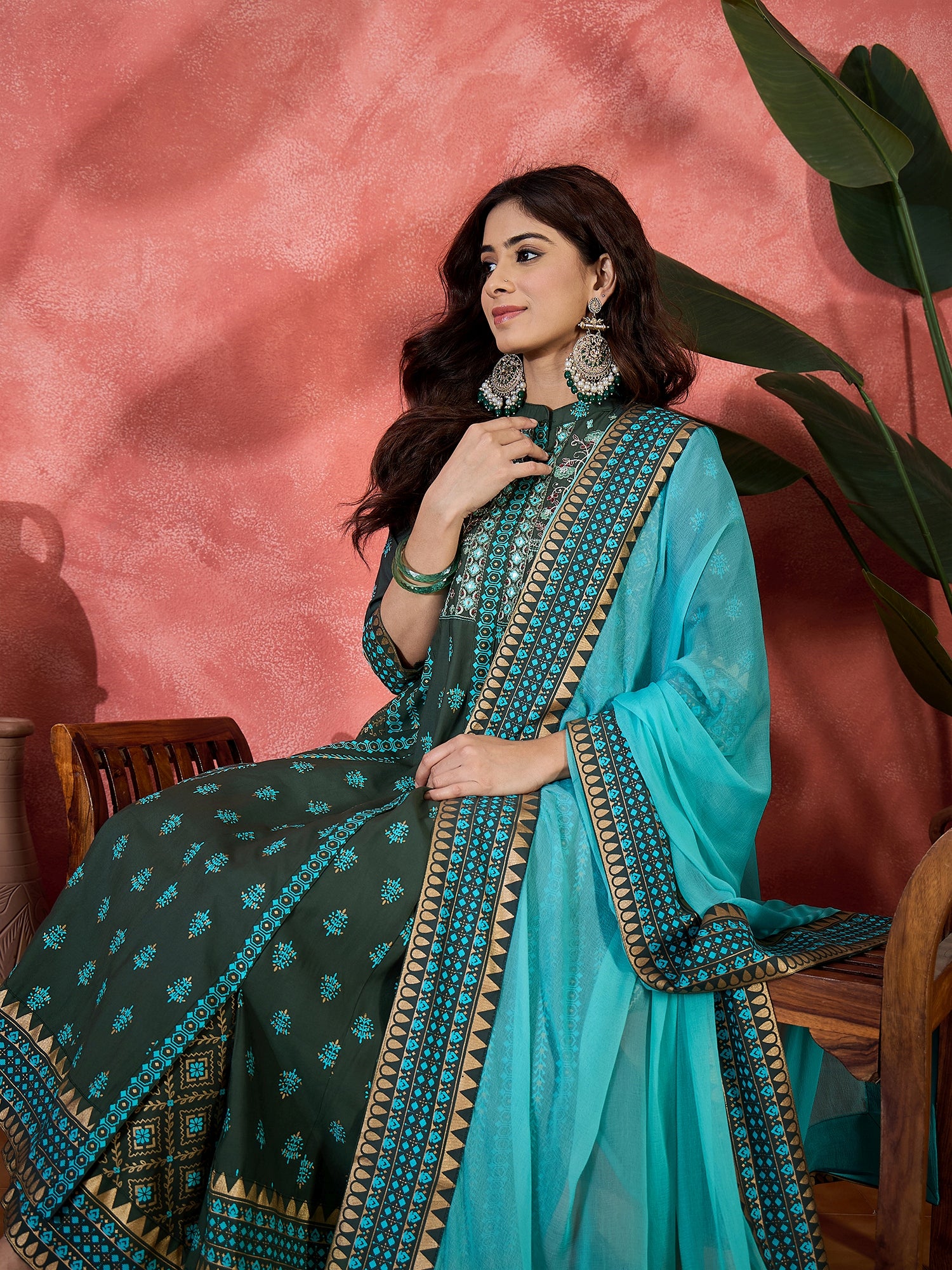 Embroidered & Block Printed Anarkali Kurta & Palazzo With Dupatta