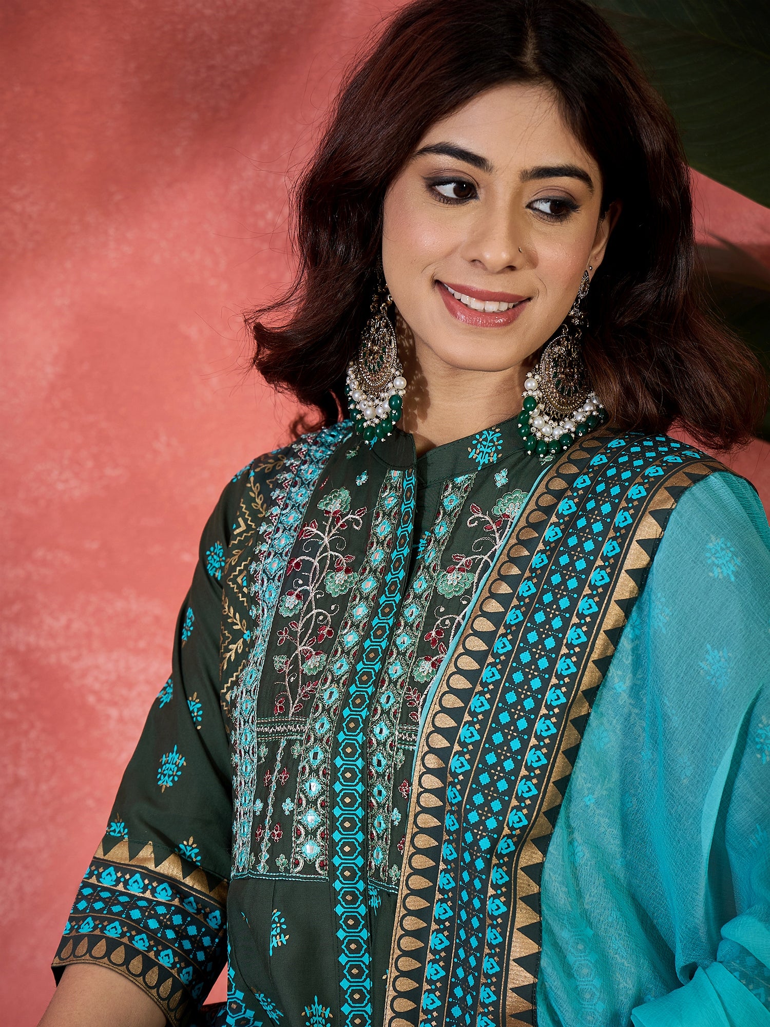 Embroidered & Block Printed Anarkali Kurta & Palazzo With Dupatta