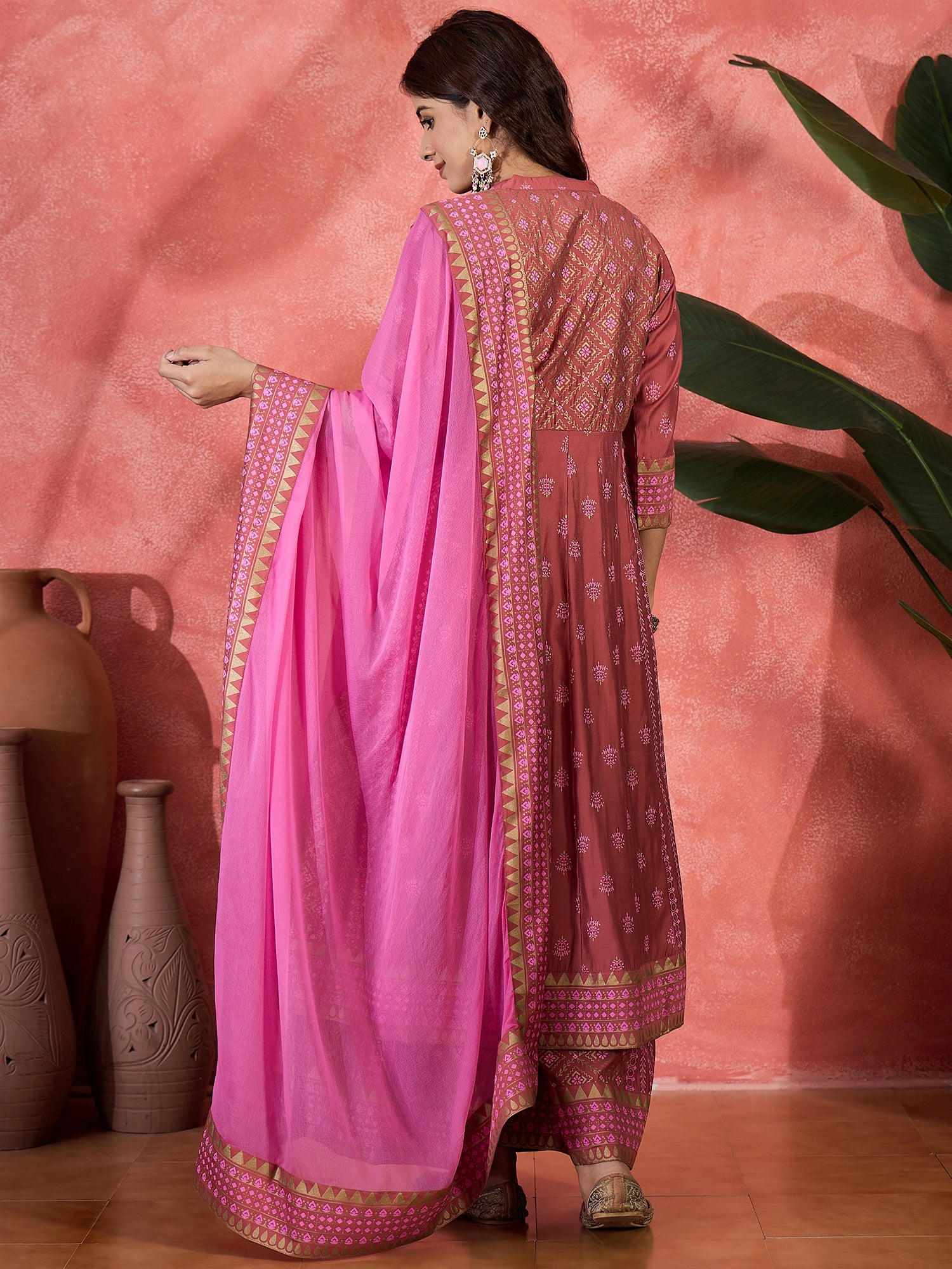 Block Printed & Embroidered Anarkali Kurta & Palazzo With Dupatta