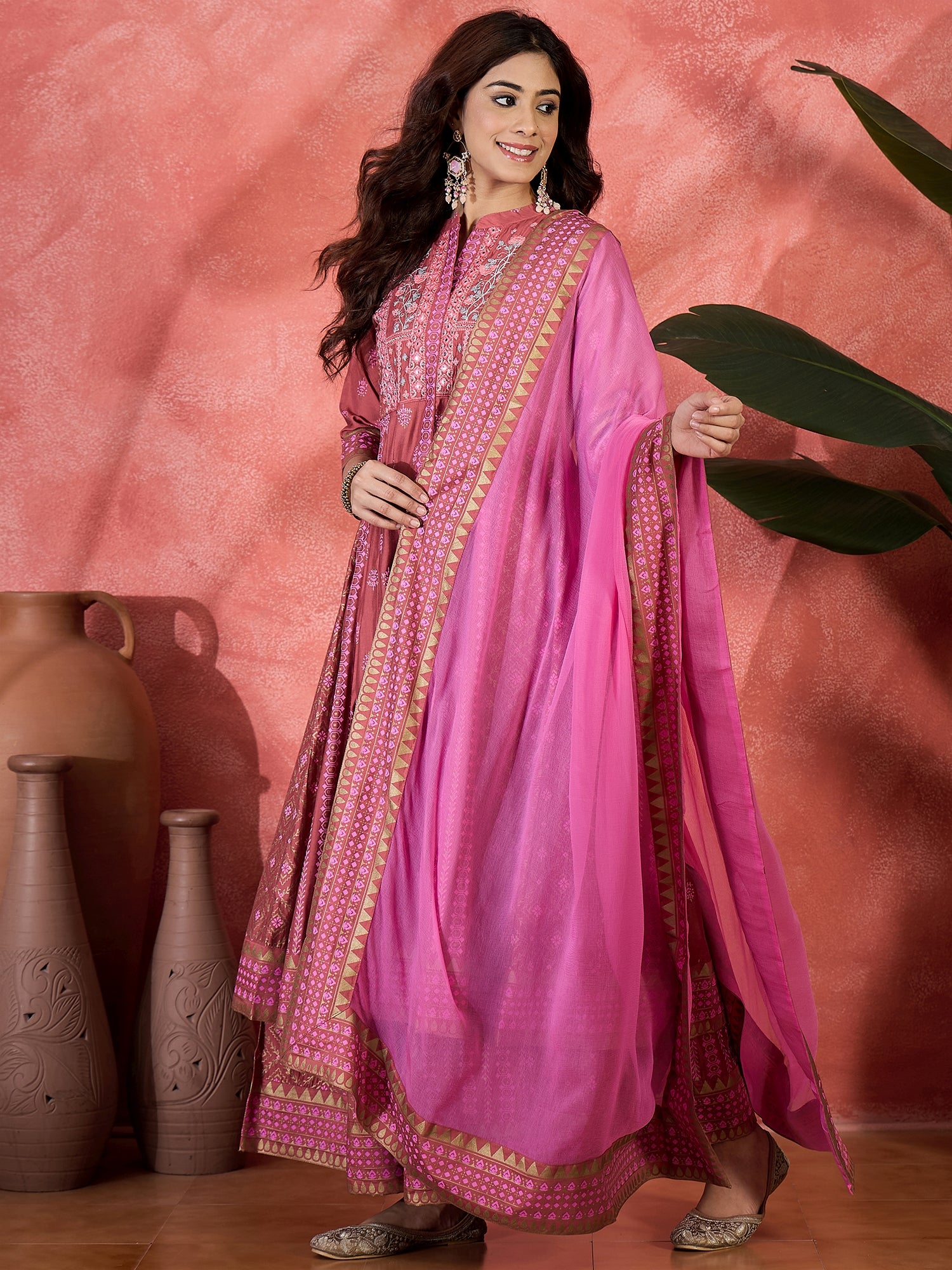 Block Printed & Embroidered Anarkali Kurta & Palazzo With Dupatta