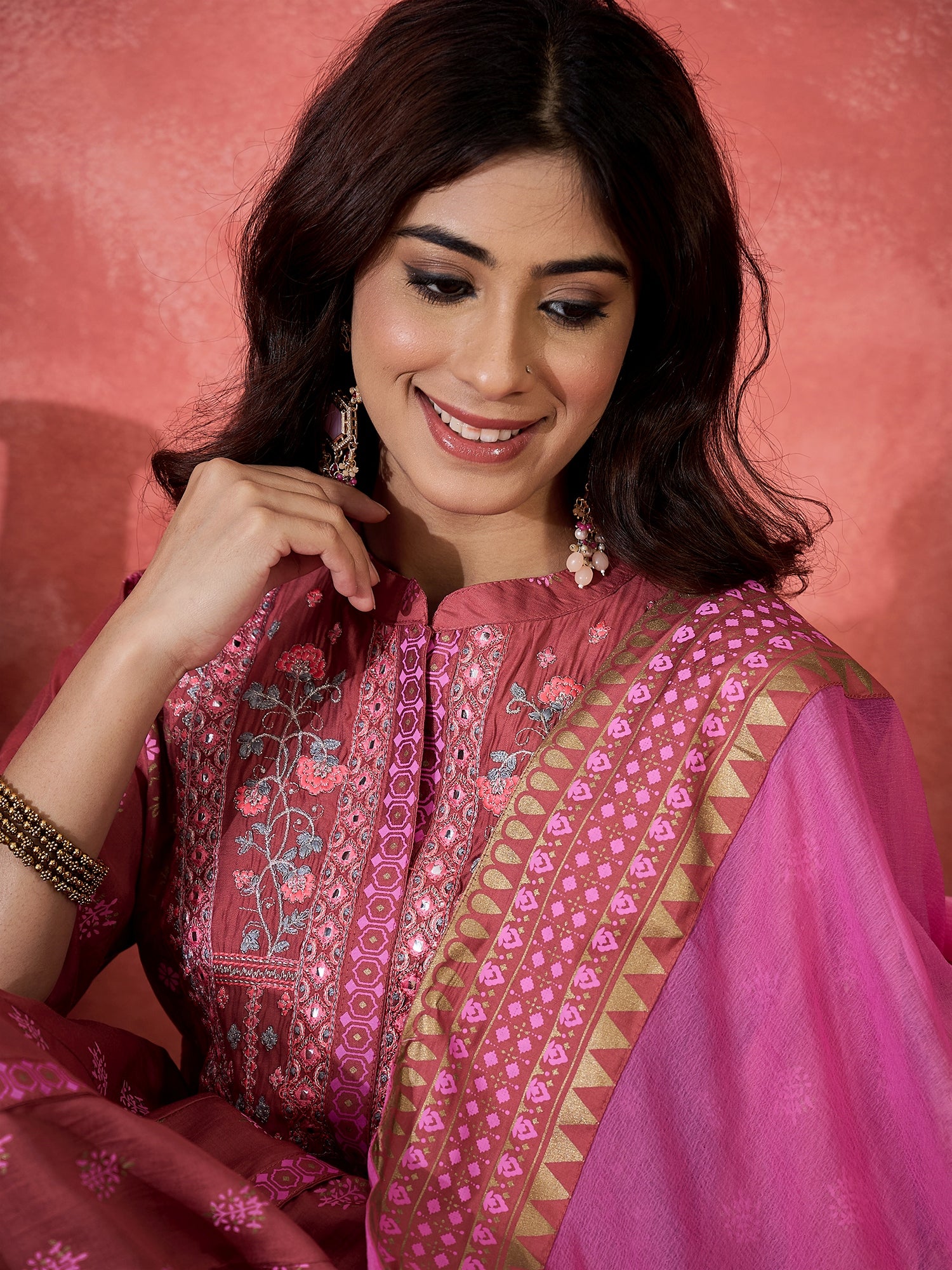 Block Printed & Embroidered Anarkali Kurta & Palazzo With Dupatta