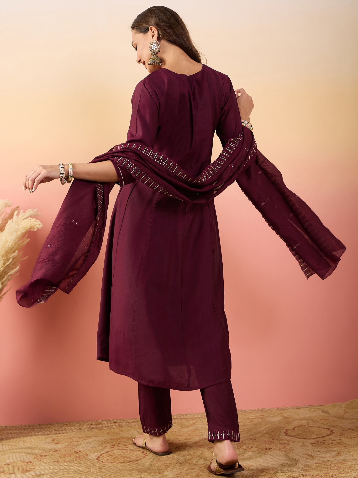 Embroidered Straight Sequinned Pure Silk A-Line Kurti Set