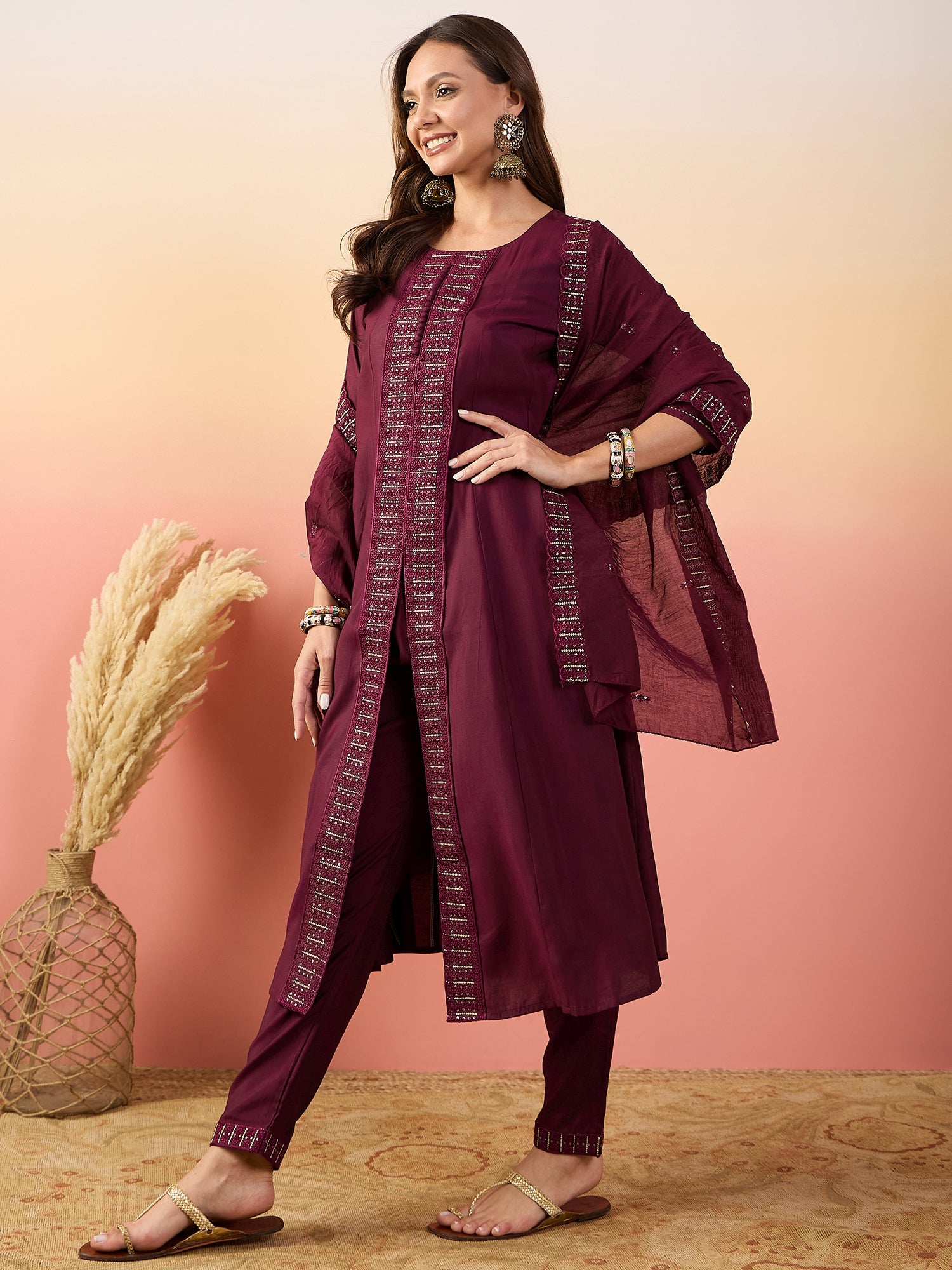 Embroidered Straight Sequinned Pure Silk A-Line Kurti Set