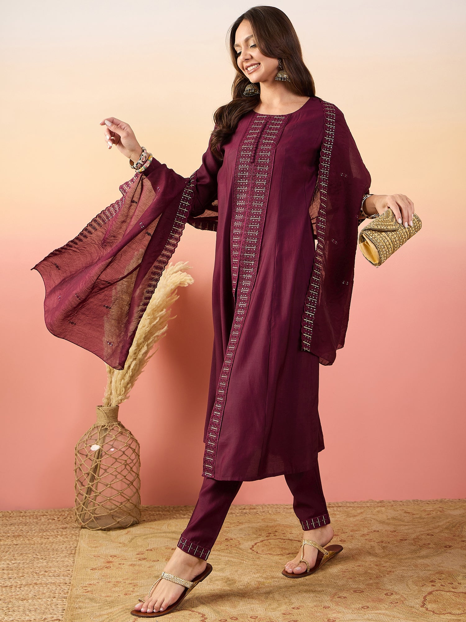 Embroidered Straight Sequinned Pure Silk A-Line Kurti Set