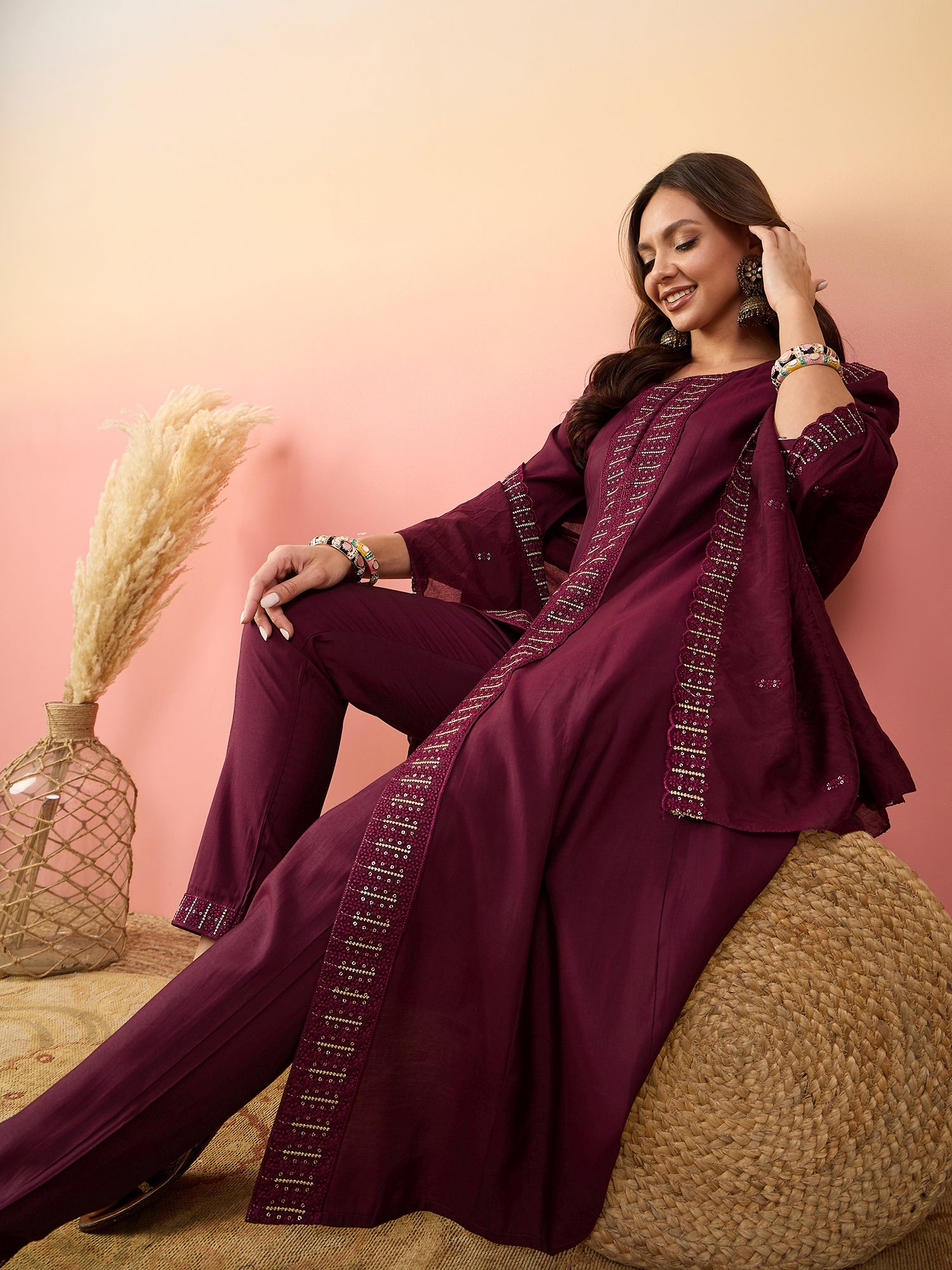 Embroidered Straight Sequinned Pure Silk A-Line Kurti Set