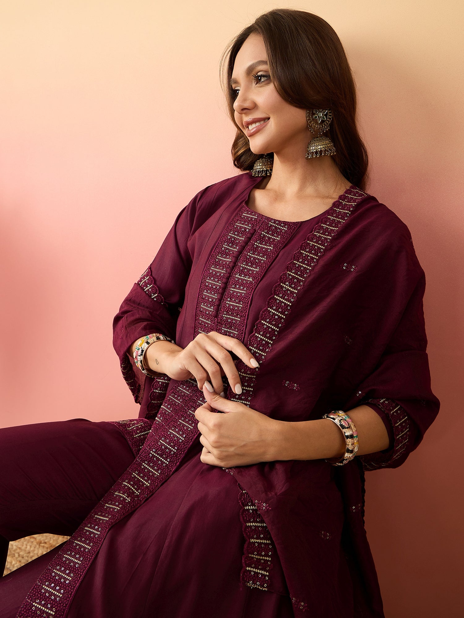 Embroidered Straight Sequinned Pure Silk A-Line Kurti Set