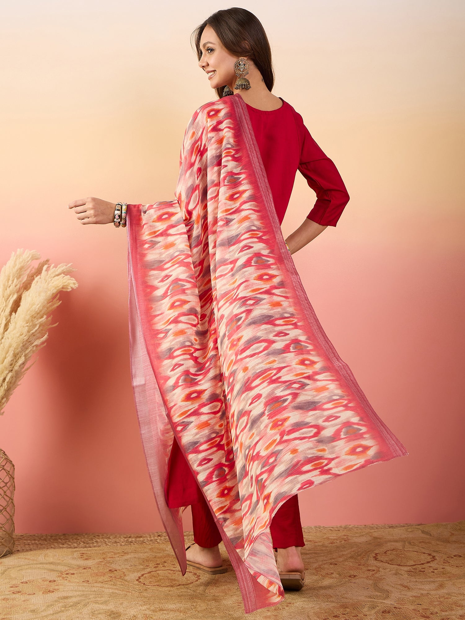 V-Neck Thread Work Pure Silk Straight Kurta With Palazzos & Dupatta