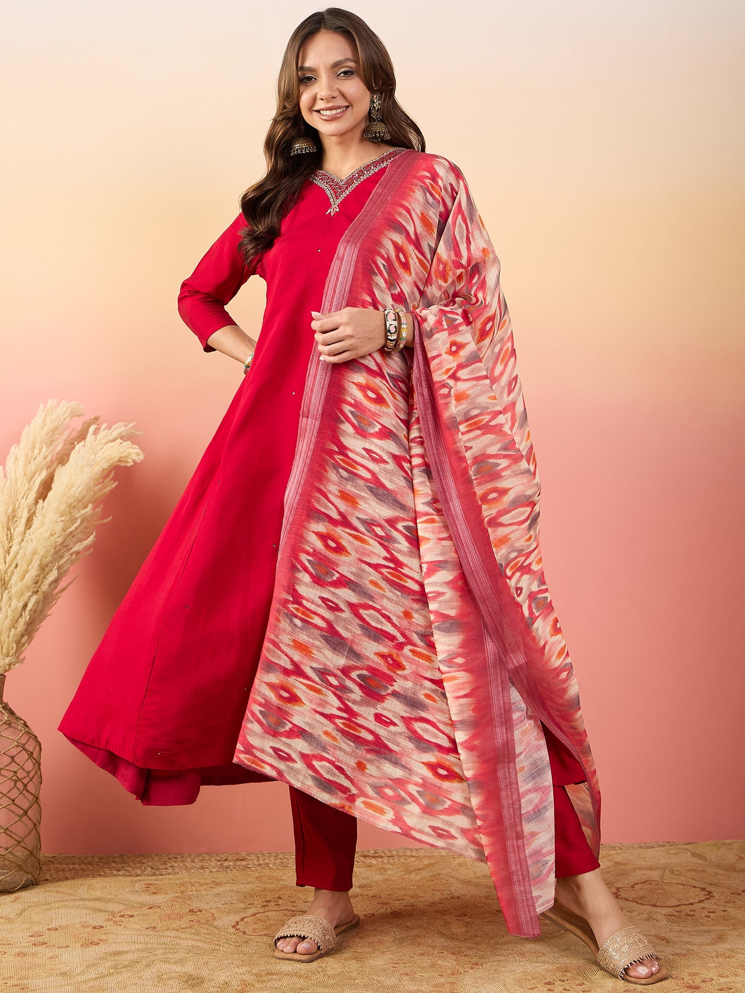 V-Neck Thread Work Pure Silk Straight Kurta With Palazzos & Dupatta