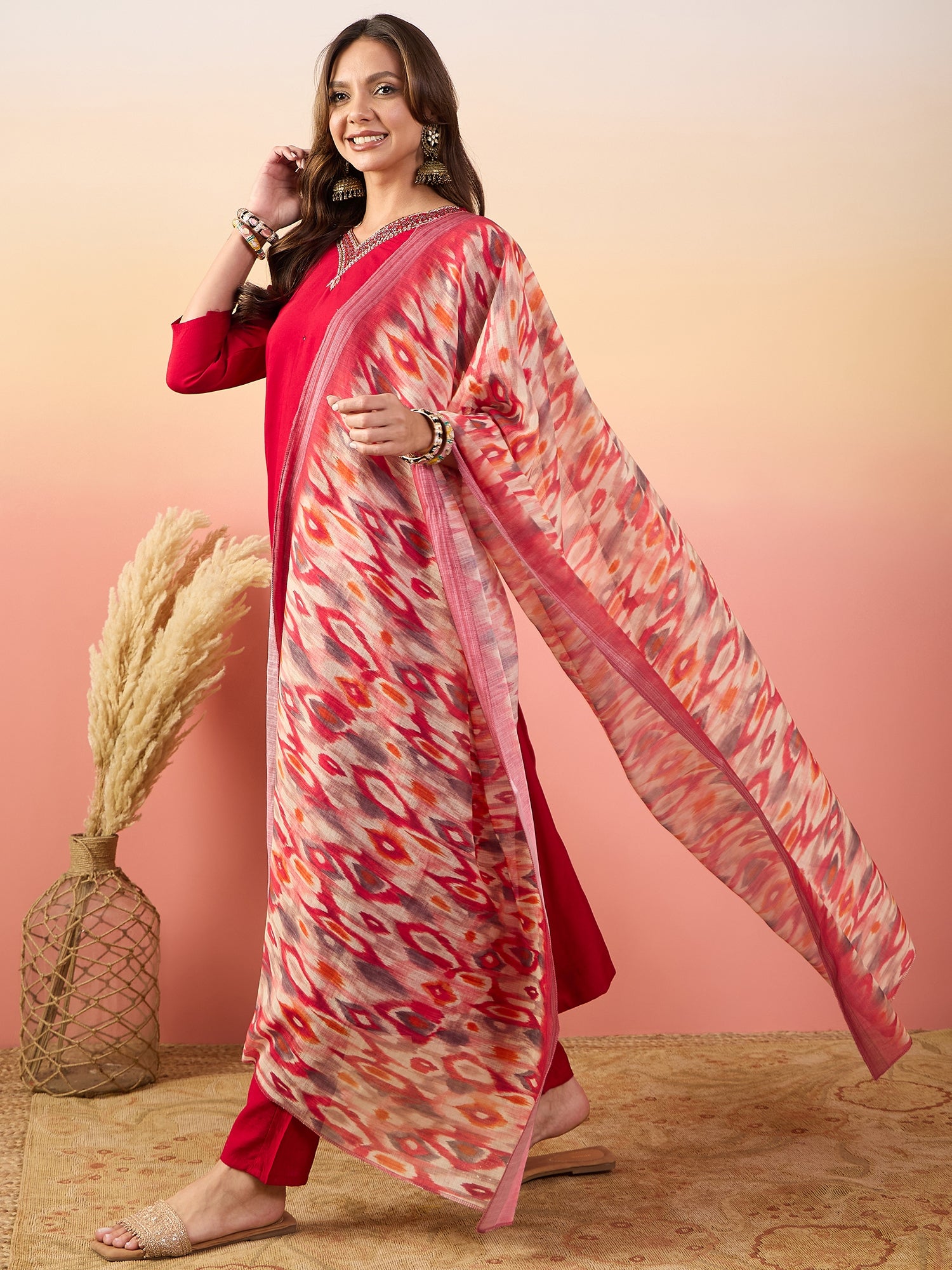 V-Neck Thread Work Pure Silk Straight Kurta With Palazzos & Dupatta