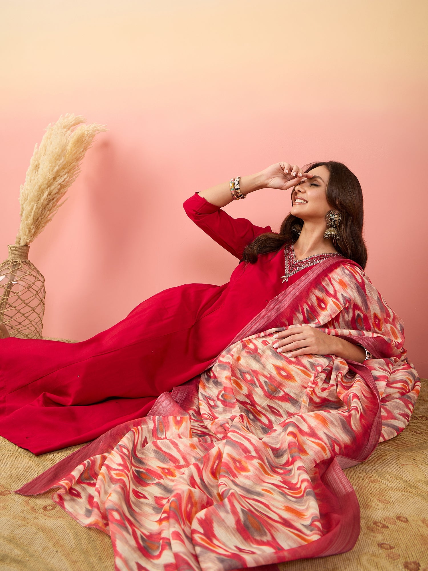 V-Neck Thread Work Pure Silk Straight Kurta With Palazzos & Dupatta