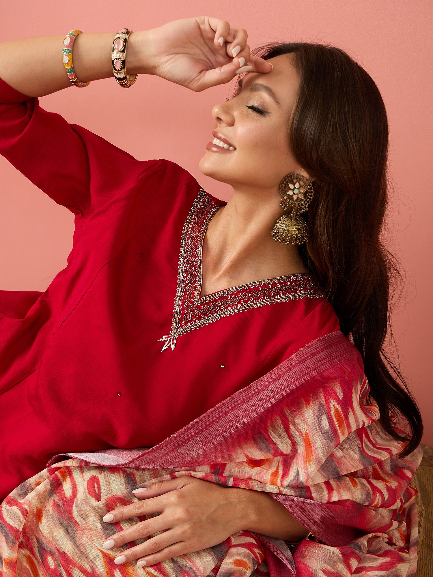 V-Neck Thread Work Pure Silk Straight Kurta With Palazzos & Dupatta