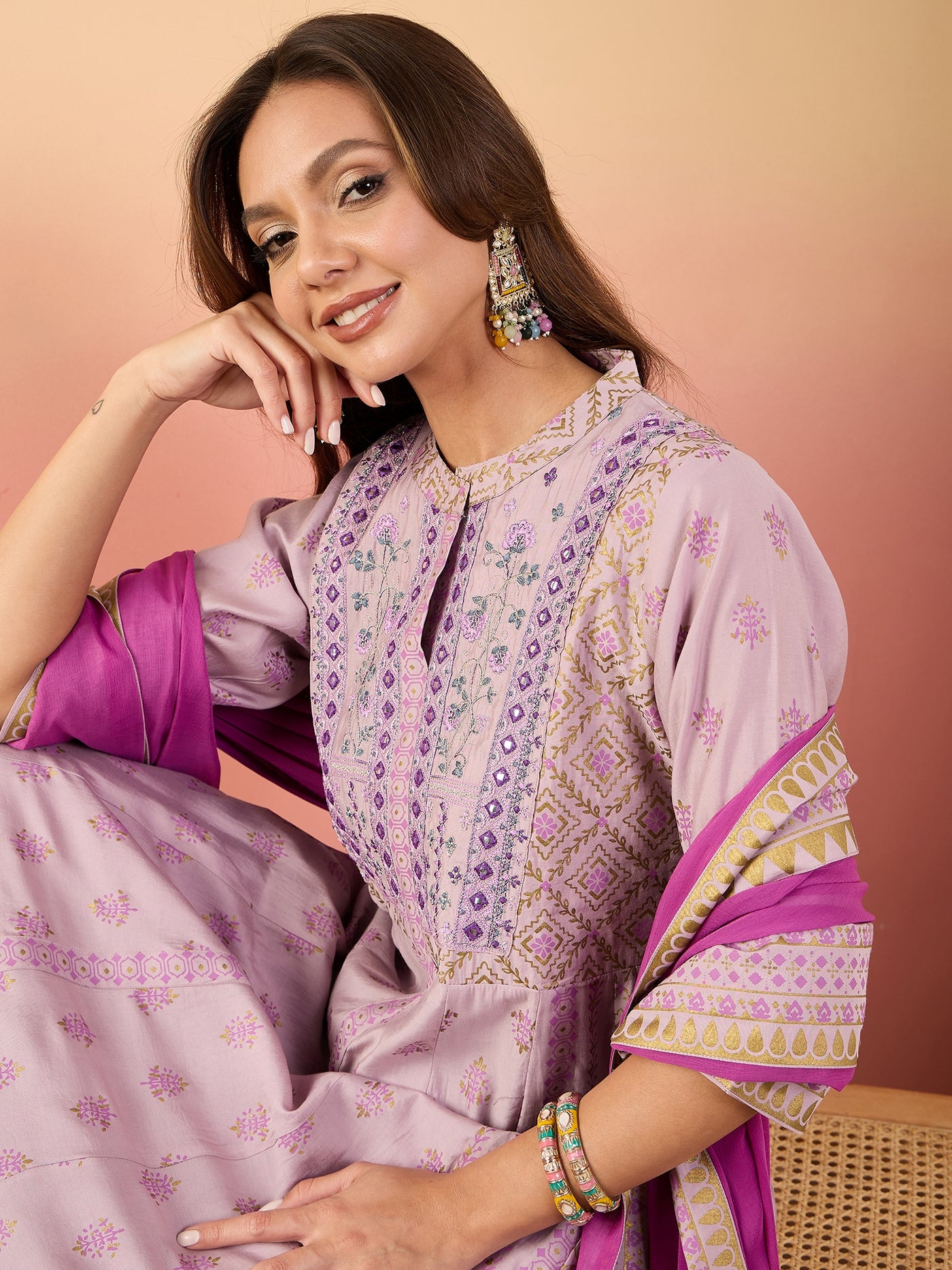 Ethnic Motifs Embroidered Mirror Work Pure Silk Kurti With Palazzos & Dupatta