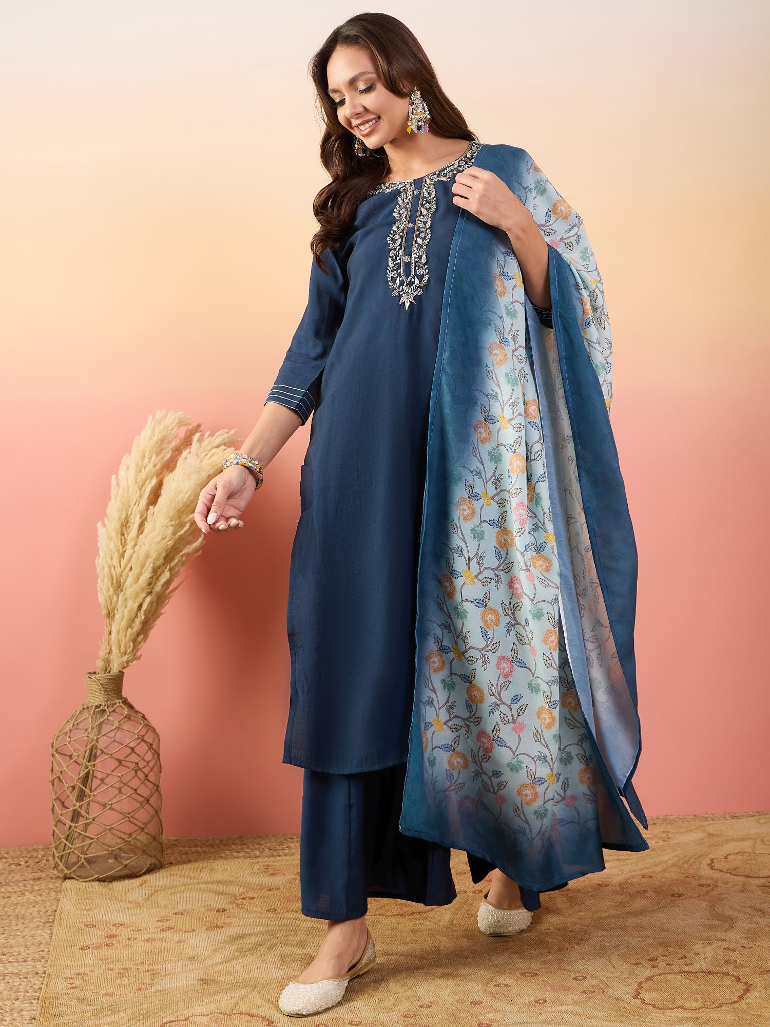 Floral Yoke Design Regular Thread Work Pure Silk Kurta Set