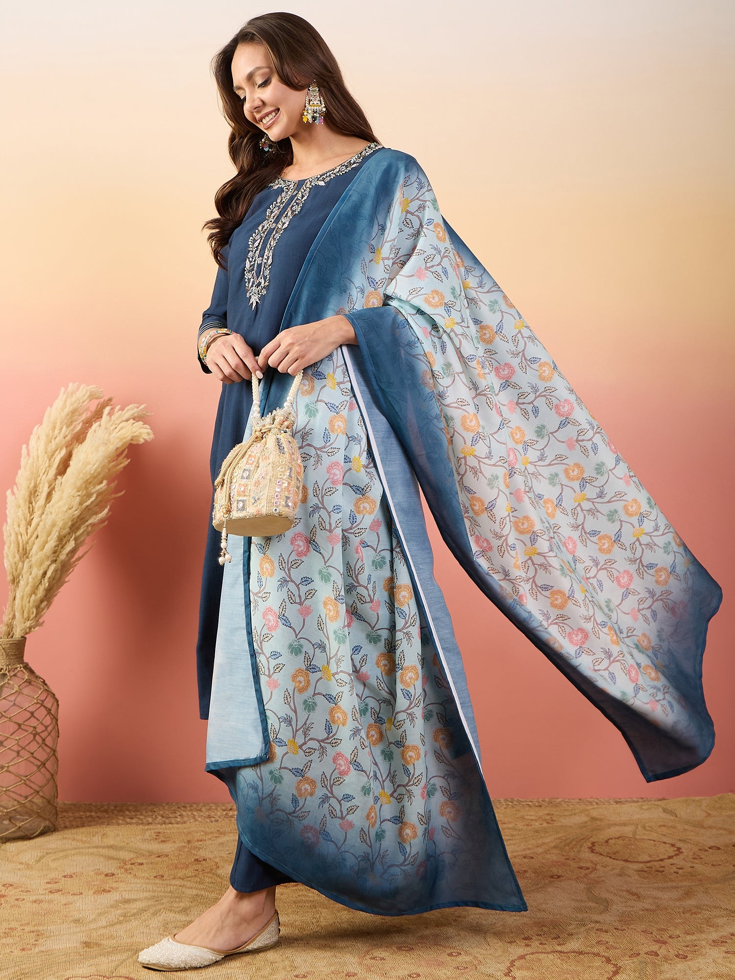 Floral Yoke Design Regular Thread Work Pure Silk Kurta Set