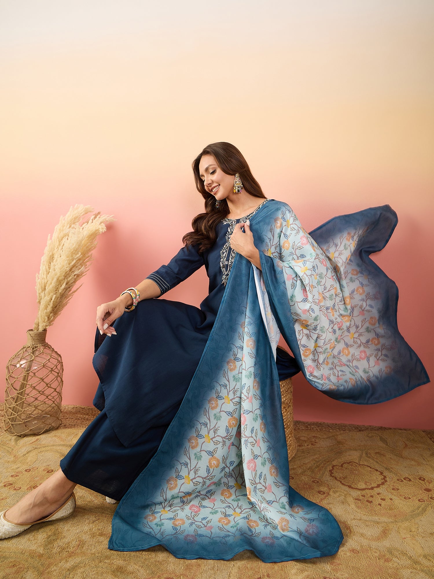 Floral Yoke Design Regular Thread Work Pure Silk Kurta Set