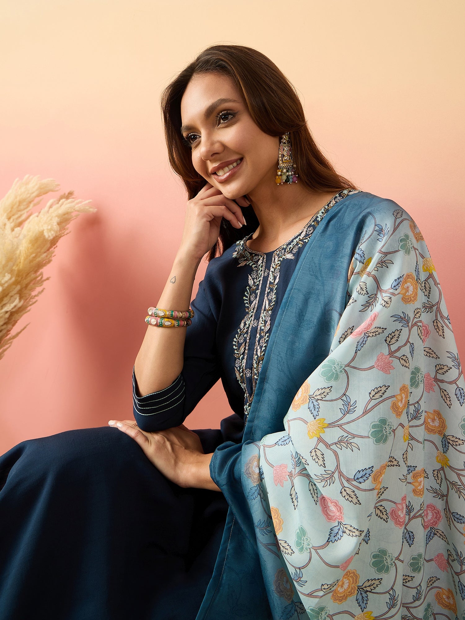 Floral Yoke Design Regular Thread Work Pure Silk Kurta Set