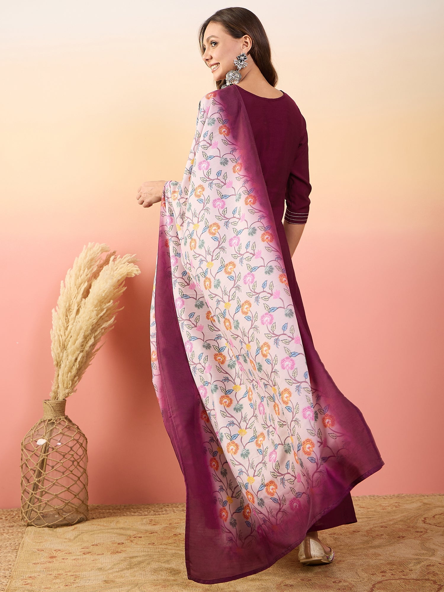 Yoke Design Round Neck Thread Work Pure Silk Straight Kurta Set