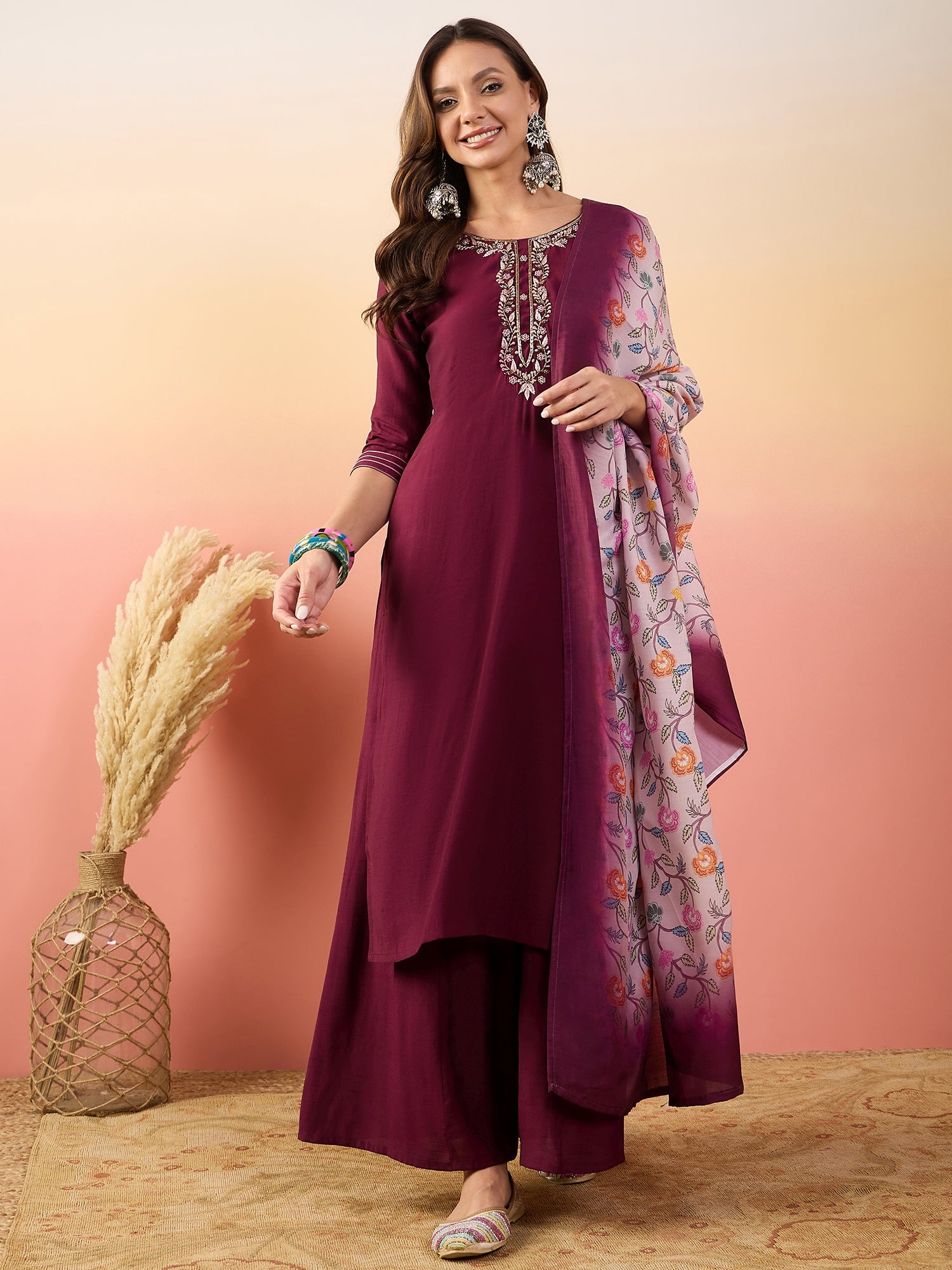 Yoke Design Round Neck Thread Work Pure Silk Straight Kurta Set