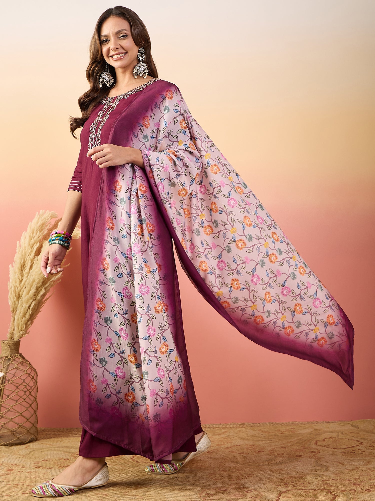 Yoke Design Round Neck Thread Work Pure Silk Straight Kurta Set