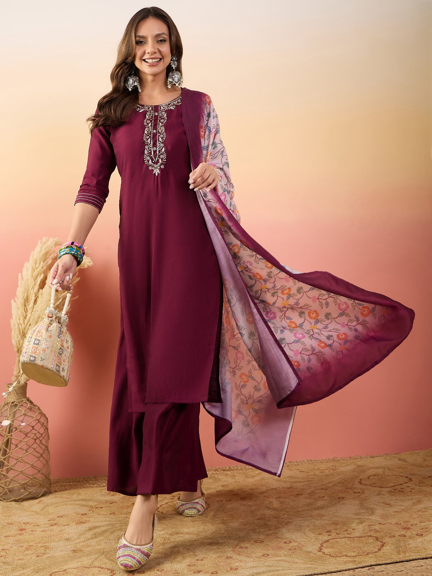 Yoke Design Round Neck Thread Work Pure Silk Straight Kurta Set