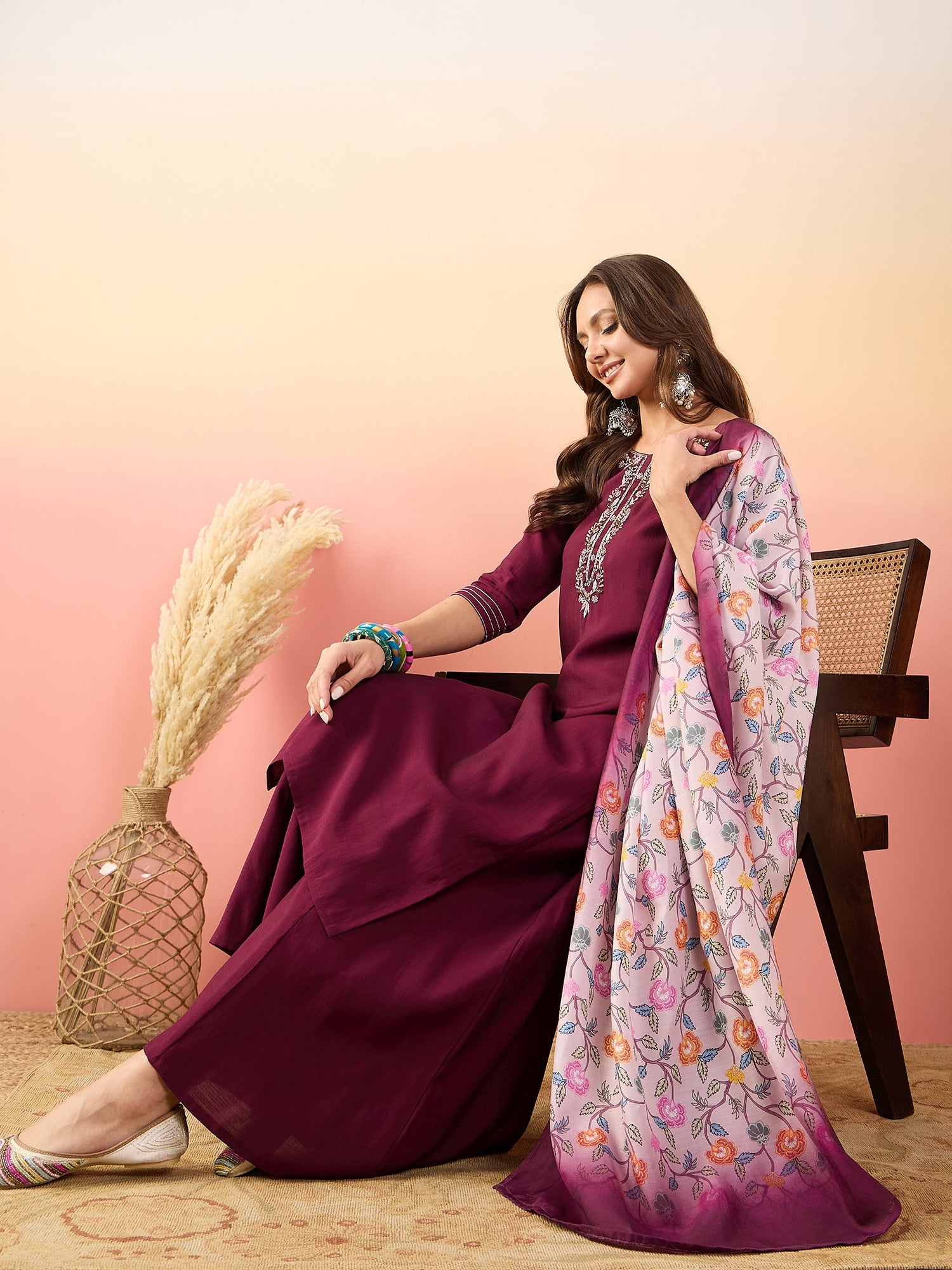 Yoke Design Round Neck Thread Work Pure Silk Straight Kurta Set
