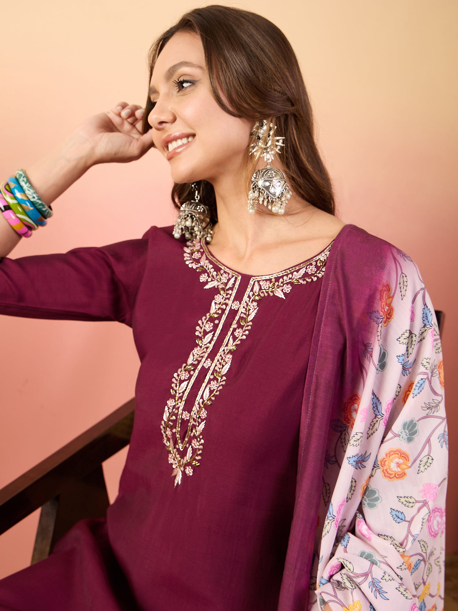 Yoke Design Round Neck Thread Work Pure Silk Straight Kurta Set
