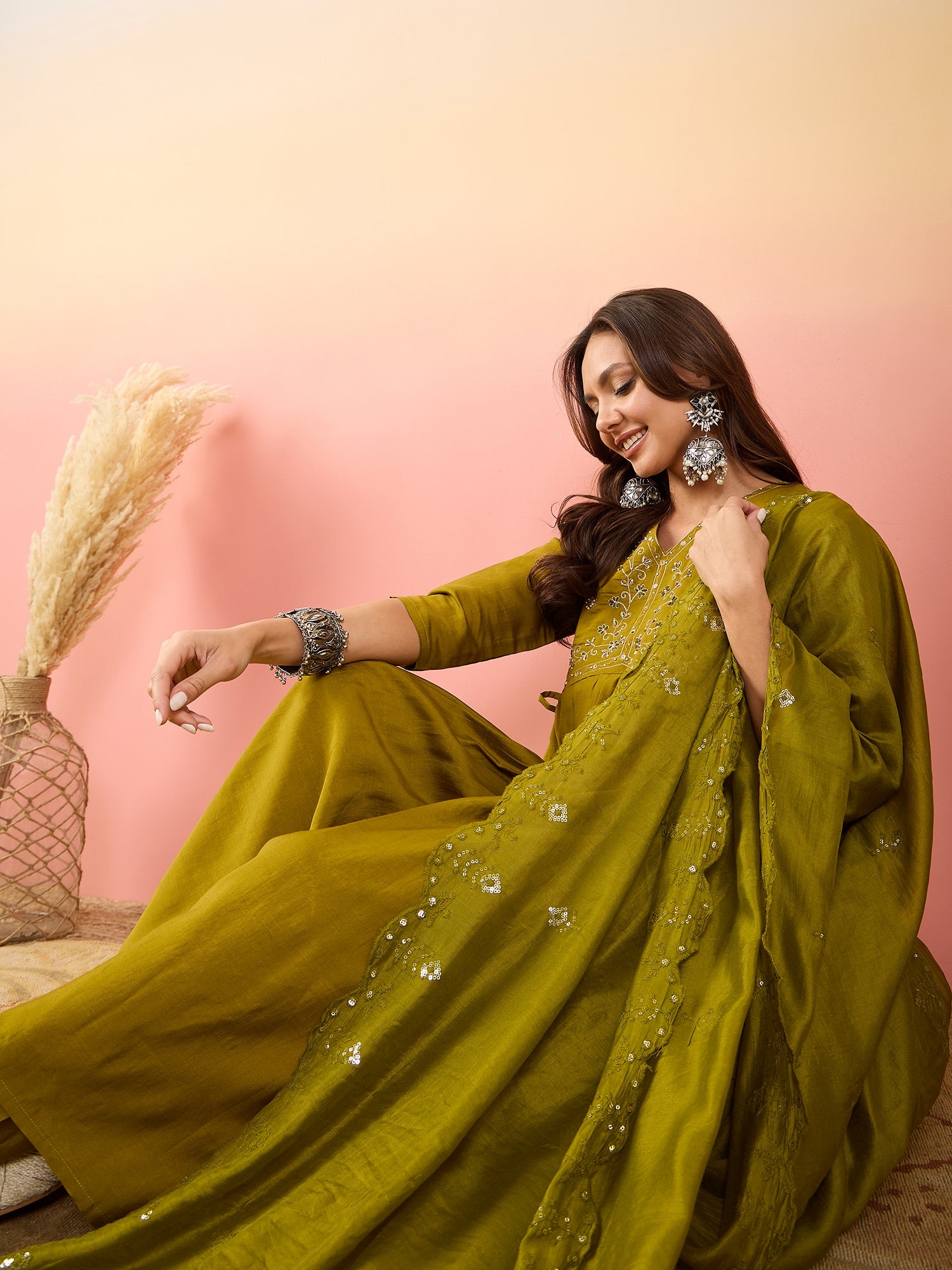Ethnic Motifs Embroidered Empire Thread Work Pure Silk Anarkali Kurti Set