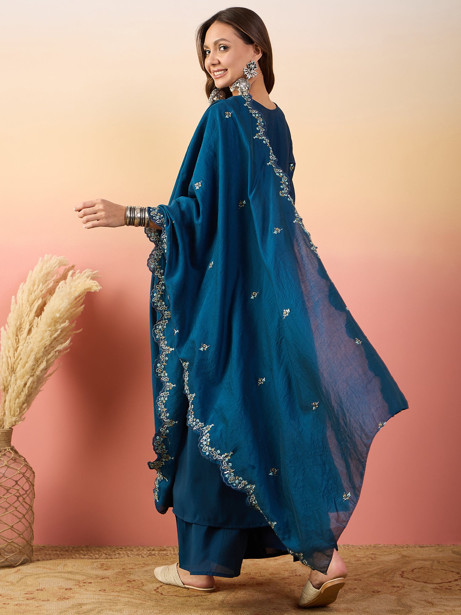 Embroidered Thread Work Pure Silk Kurti With Palazzos & Dupatta