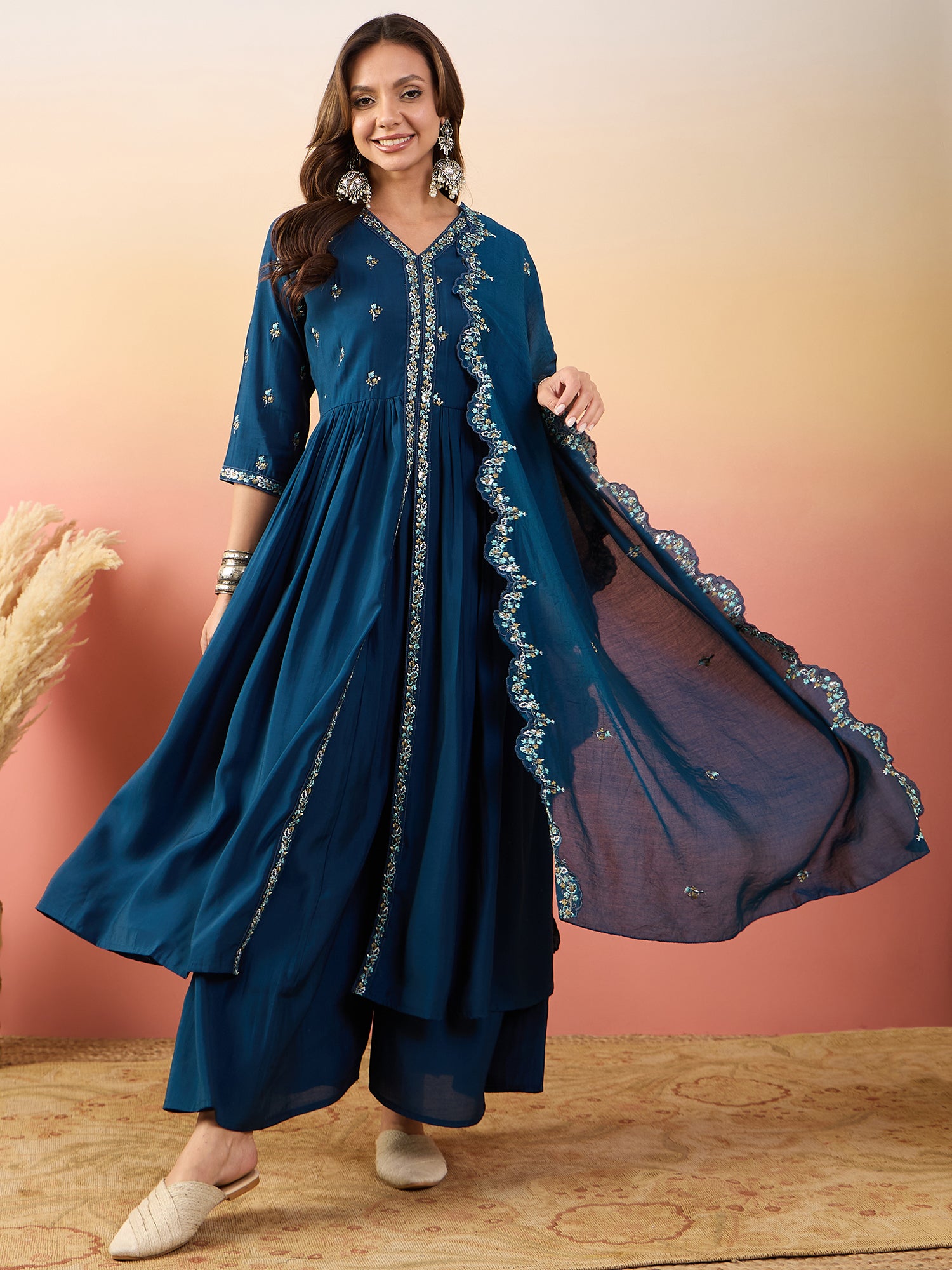 Embroidered Thread Work Pure Silk Kurti With Palazzos & Dupatta