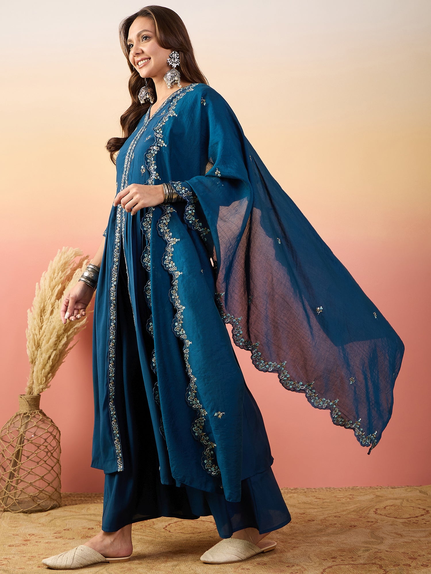 Embroidered Thread Work Pure Silk Kurti With Palazzos & Dupatta