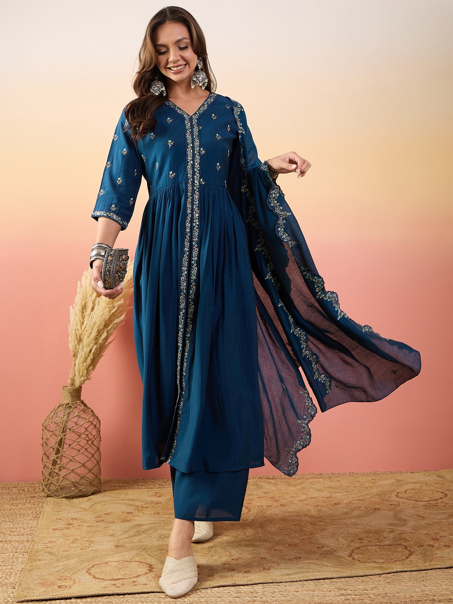 Embroidered Thread Work Pure Silk Kurti With Palazzos & Dupatta
