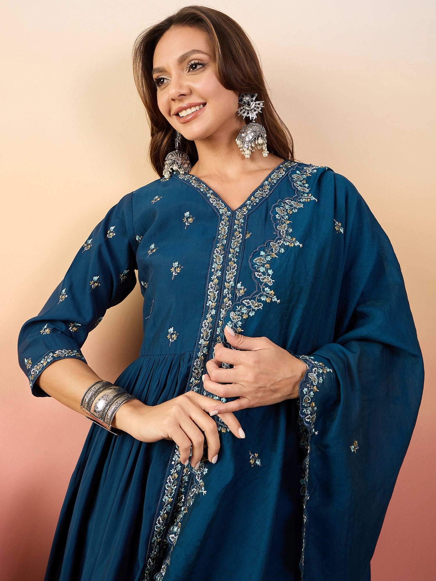 Embroidered Thread Work Pure Silk Kurti With Palazzos & Dupatta