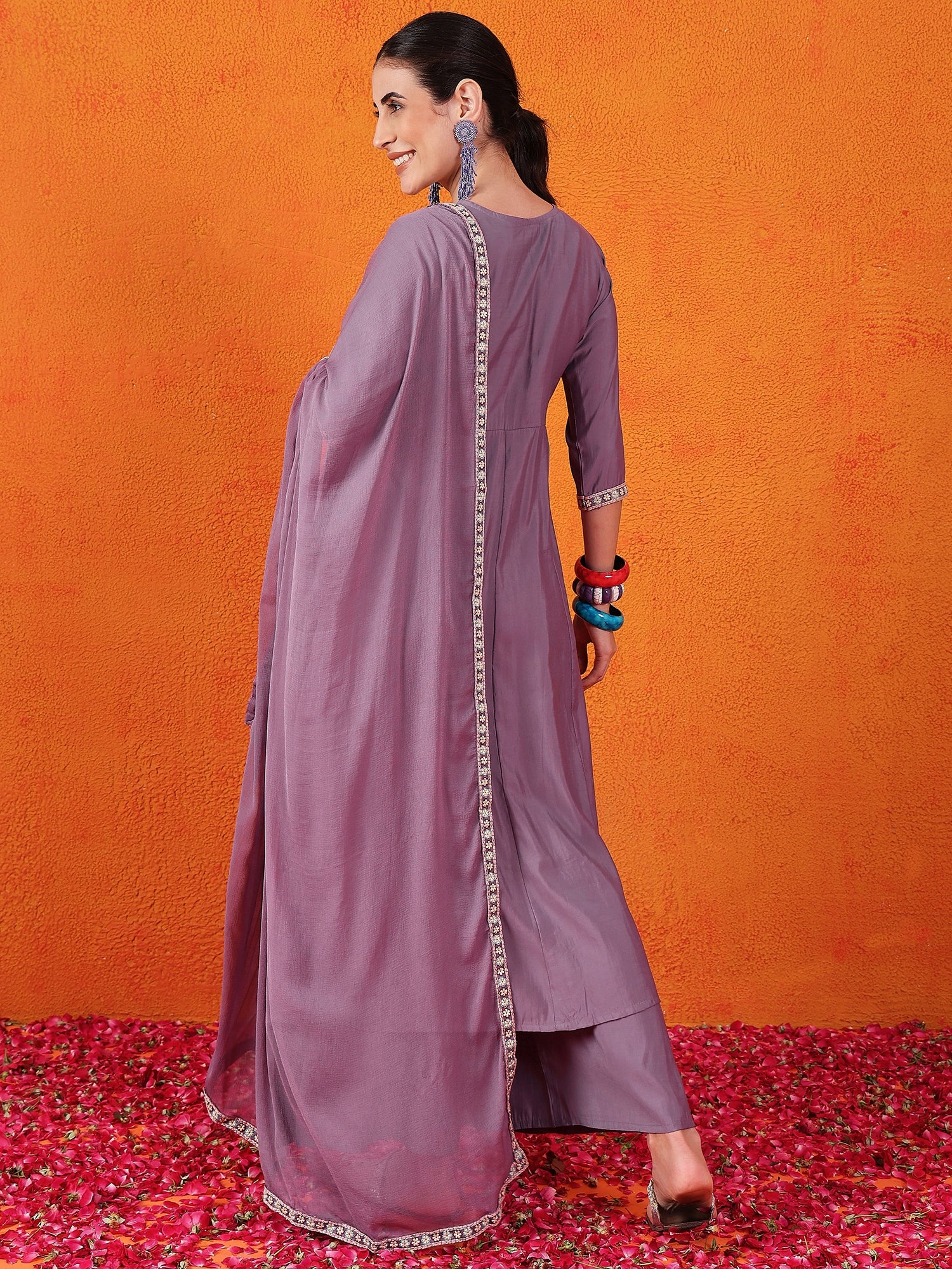 Embroidered Hand Work  Silk Kurti With Palazzos & Dupatta